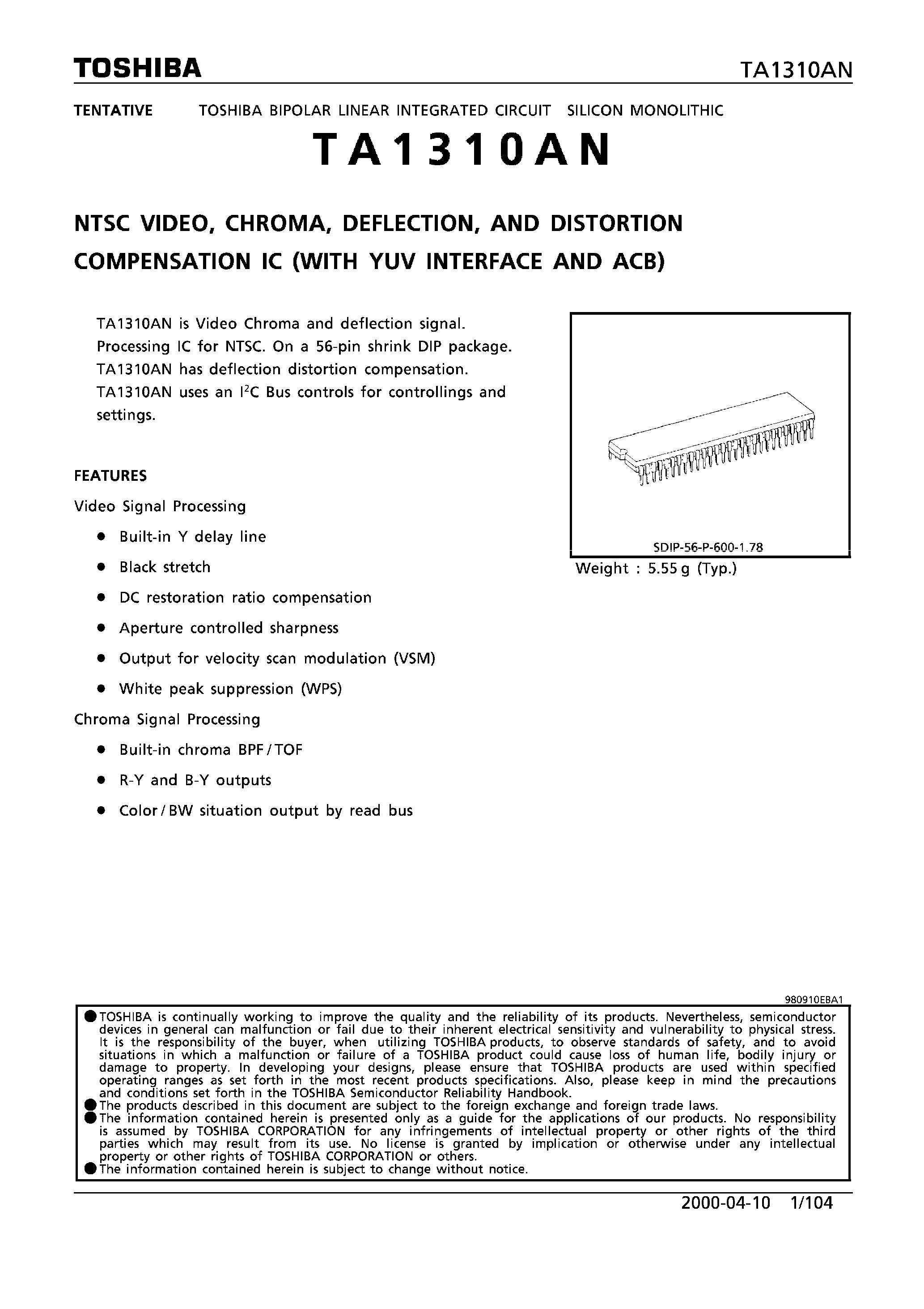 Datasheet TA1310AN - NTSC Video / Chroma / Deflection and Distorition Compensation IC page 1