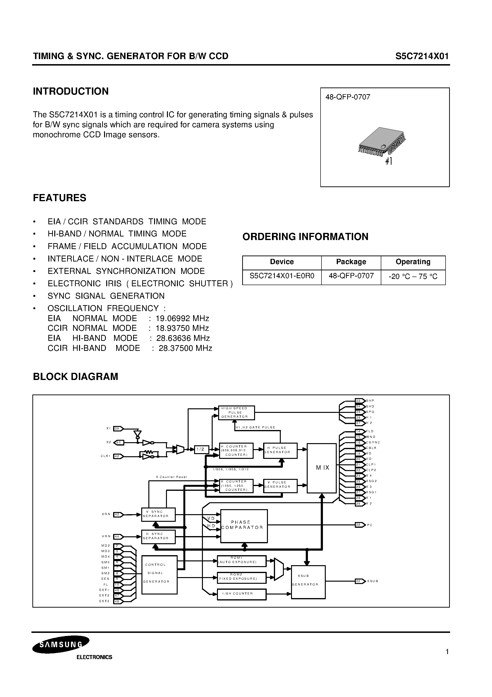 Datasheet S5C7214X01-E0R0 - TIMING & SYNC. GENERATOR FOR B/W CCD page 1