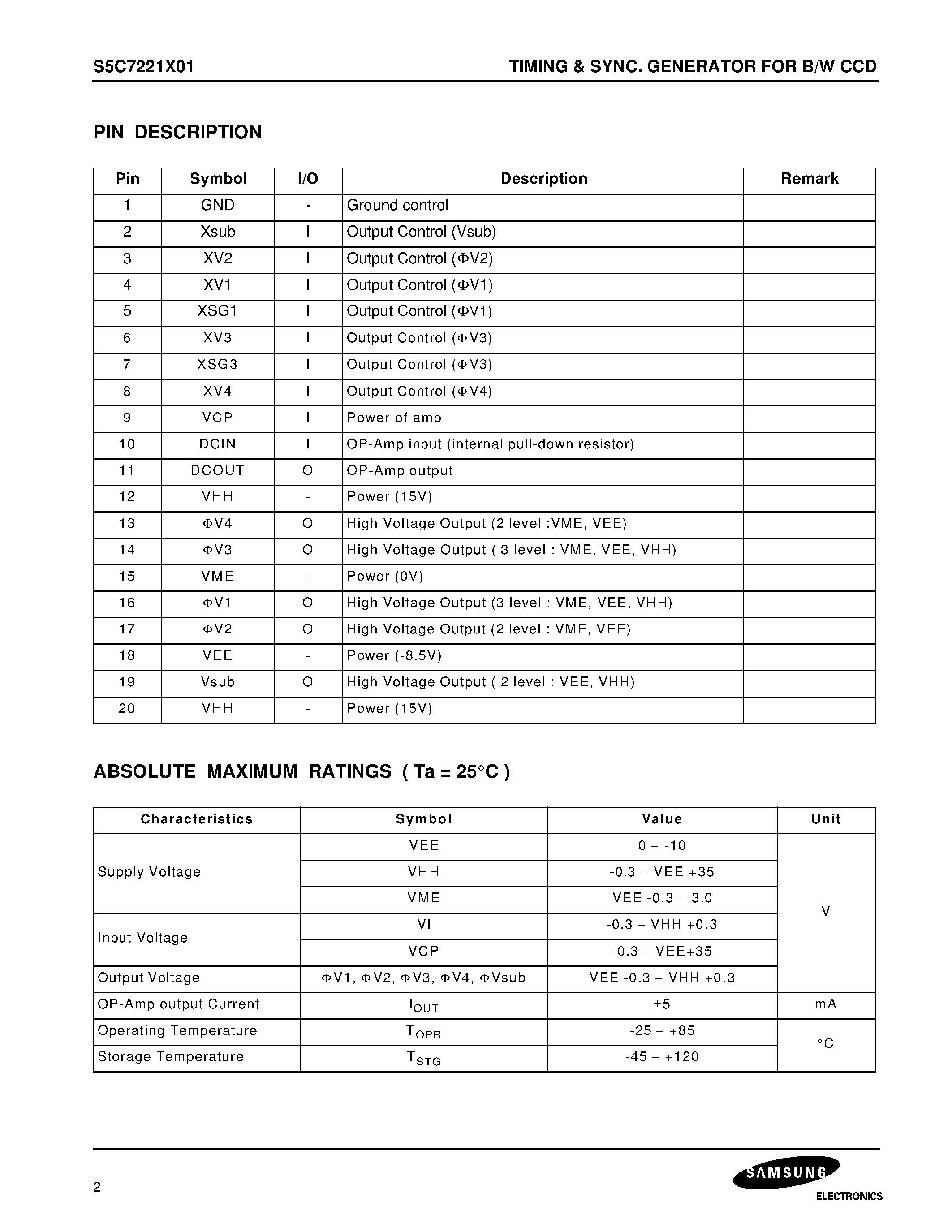 Datasheet S5C7221X - TIMING & SYNC. GENERATOR FOR B/W CCD page 2