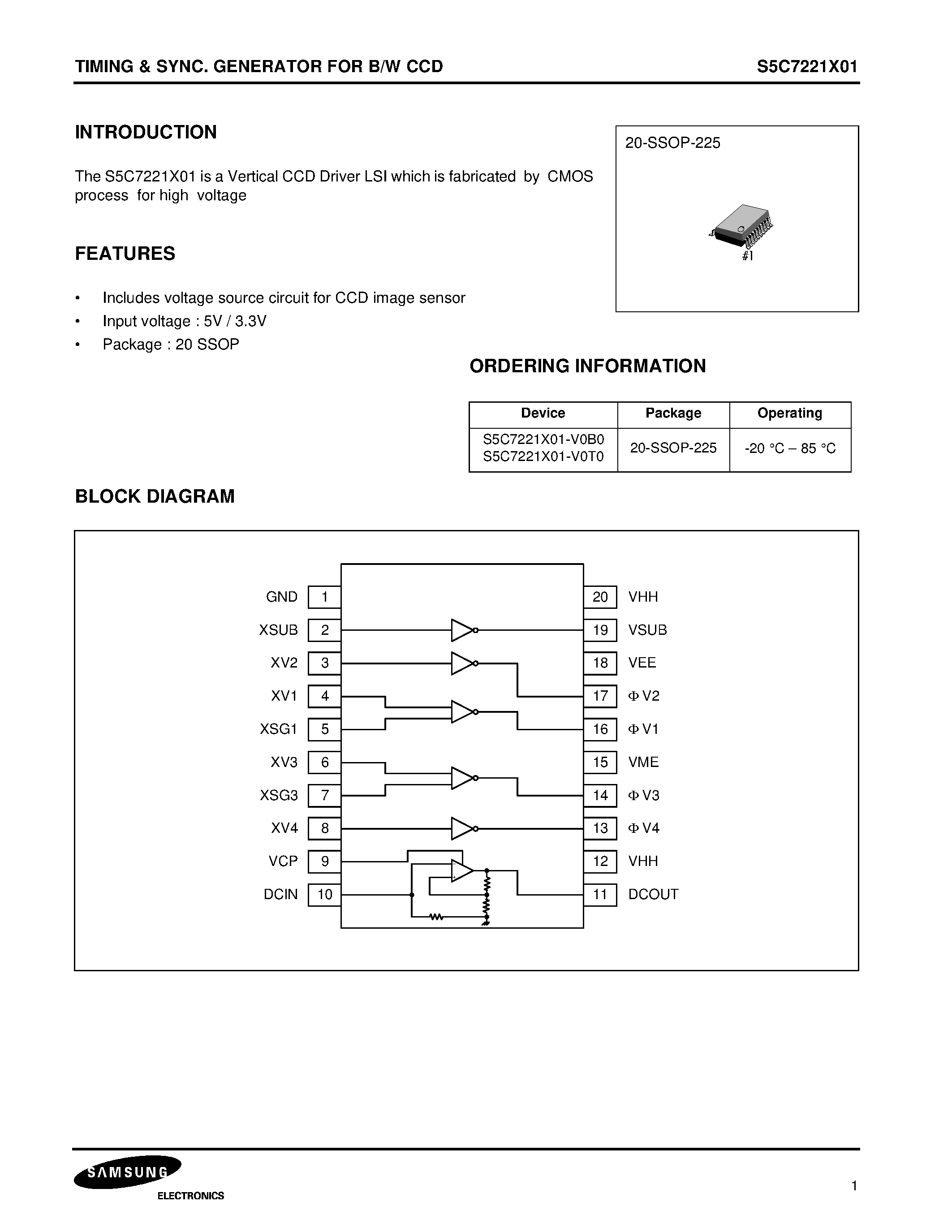 Даташит S5C7221X01-V0T0 - TIMING & SYNC. GENERATOR FOR B/W CCD страница 1