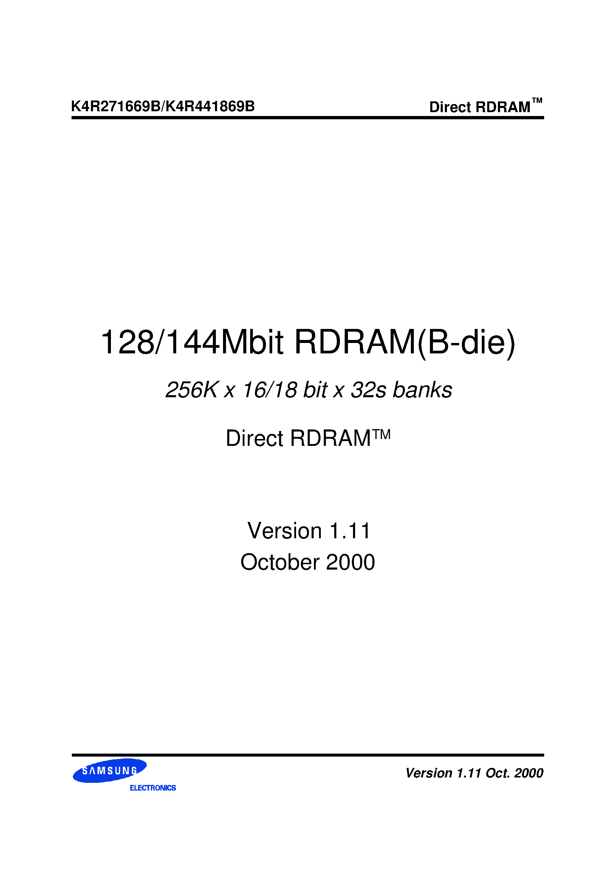Даташит K4R441869B-N(M)CG6 - 256K x 16/18 bit x 32s banks Direct RDRAMTM страница 1