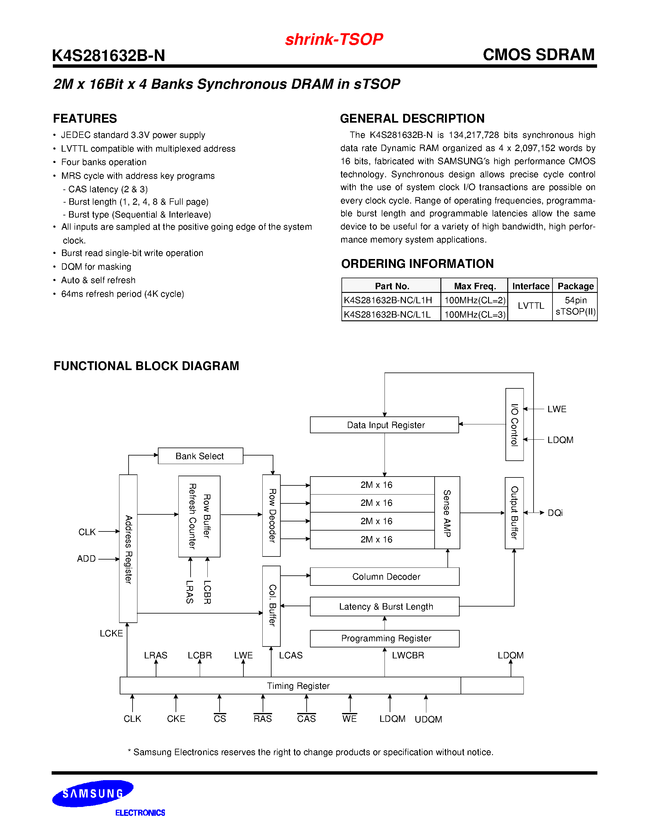 Datasheet K4S281632B-N - 2M x 16Bit x 4 Banks Synchronous DRAM in sTSOP page 1