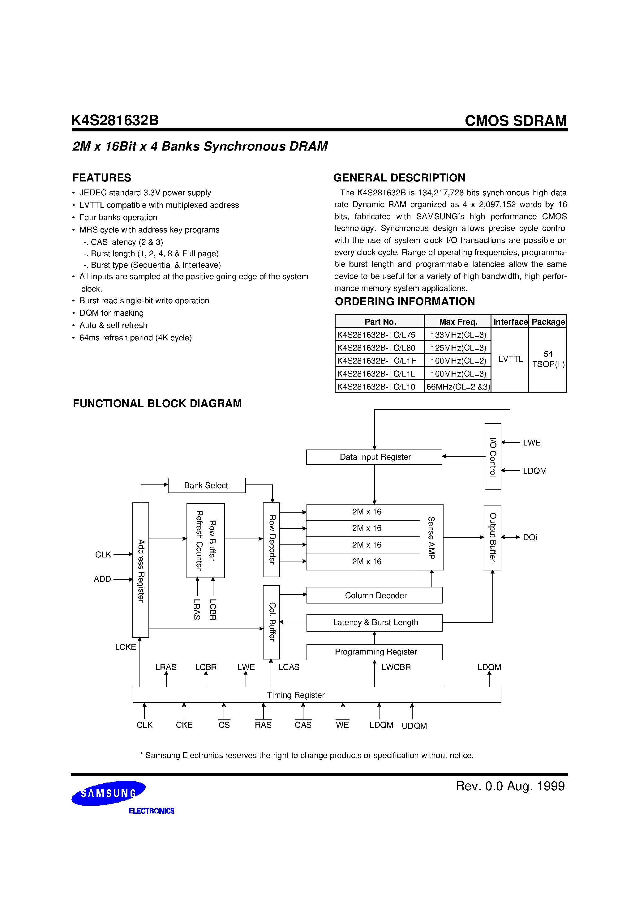 Datasheet K4S281632B-TC10 - 128Mbit SDRAM 2M x 16Bit x 4 Banks Synchronous DRAM LVTTL page 2