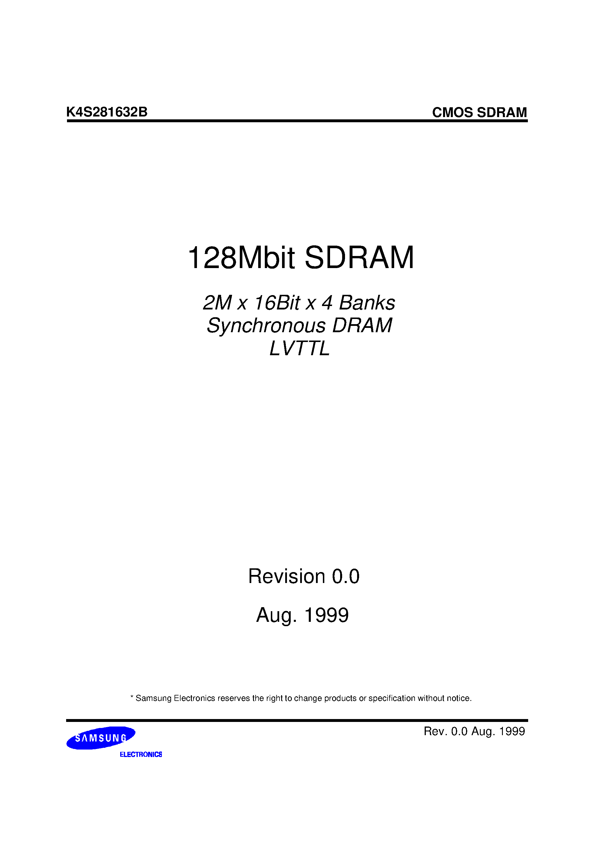 Даташит K4S281632B-TL10 - 128Mbit SDRAM 2M x 16Bit x 4 Banks Synchronous DRAM LVTTL страница 1