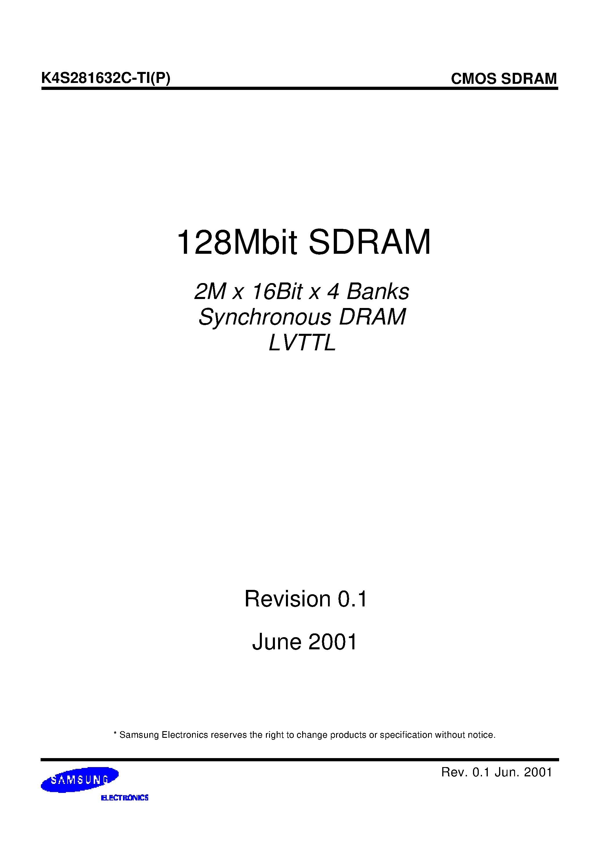 Даташит K4S281632C-TP1H - 128Mbit SDRAM 2M x 16Bit x 4 Banks Synchronous DRAM LVTTL страница 1