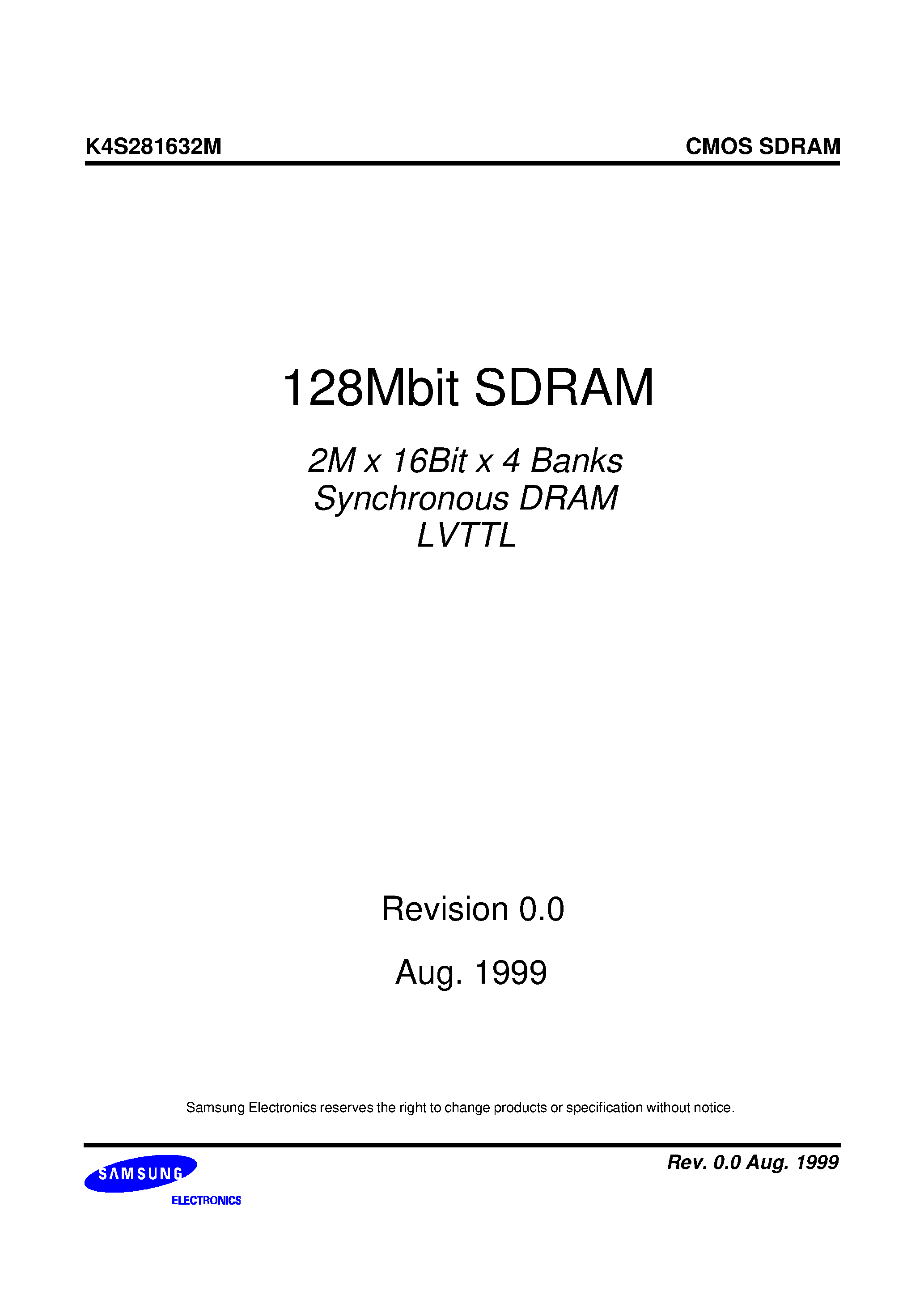 Даташит K4S281632M-TL10 - 128Mbit SDRAM 2M x 16Bit x 4 Banks Synchronous DRAM LVTTL страница 1