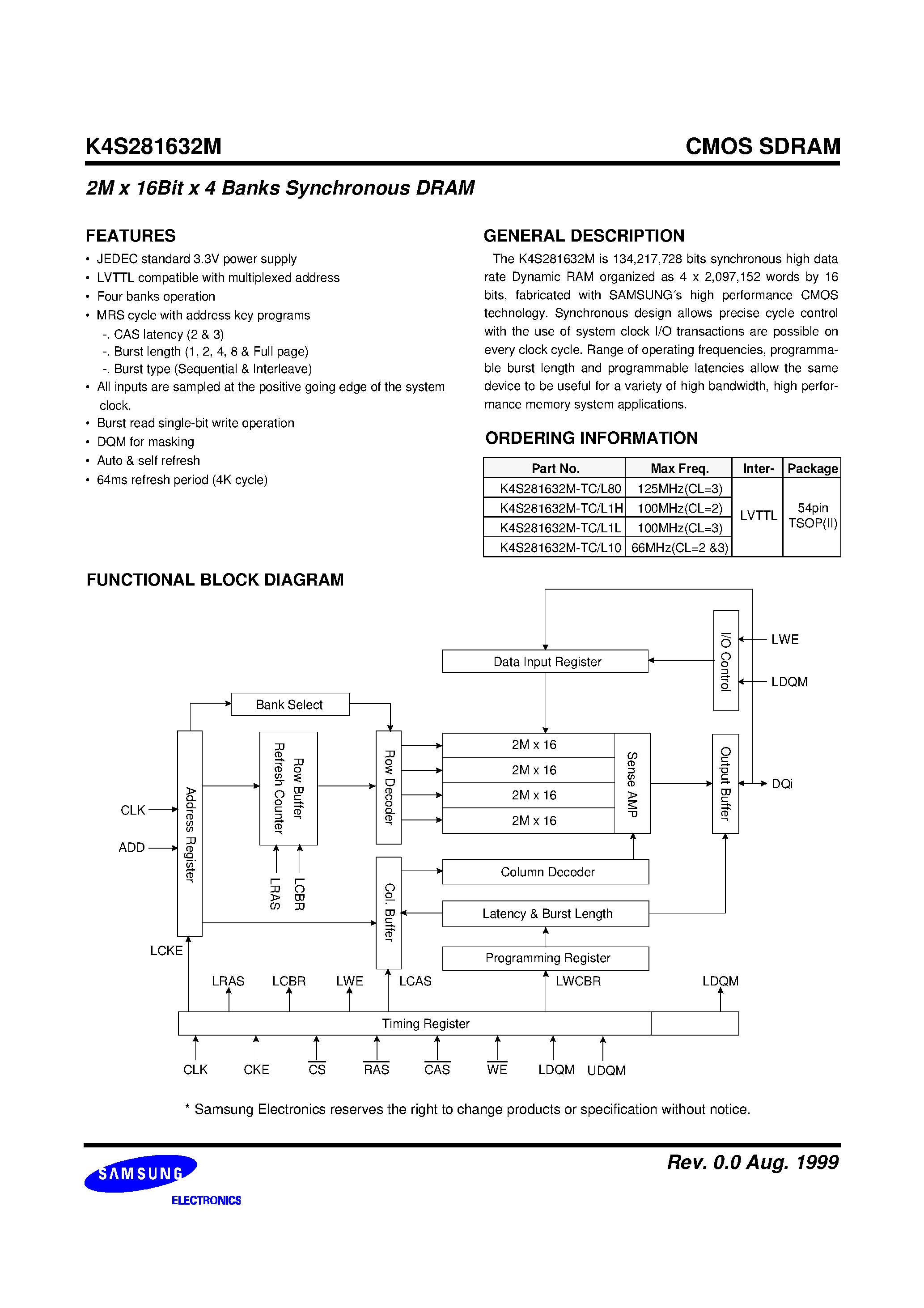 Datasheet K4S281632M-TL10 - 128Mbit SDRAM 2M x 16Bit x 4 Banks Synchronous DRAM LVTTL page 2