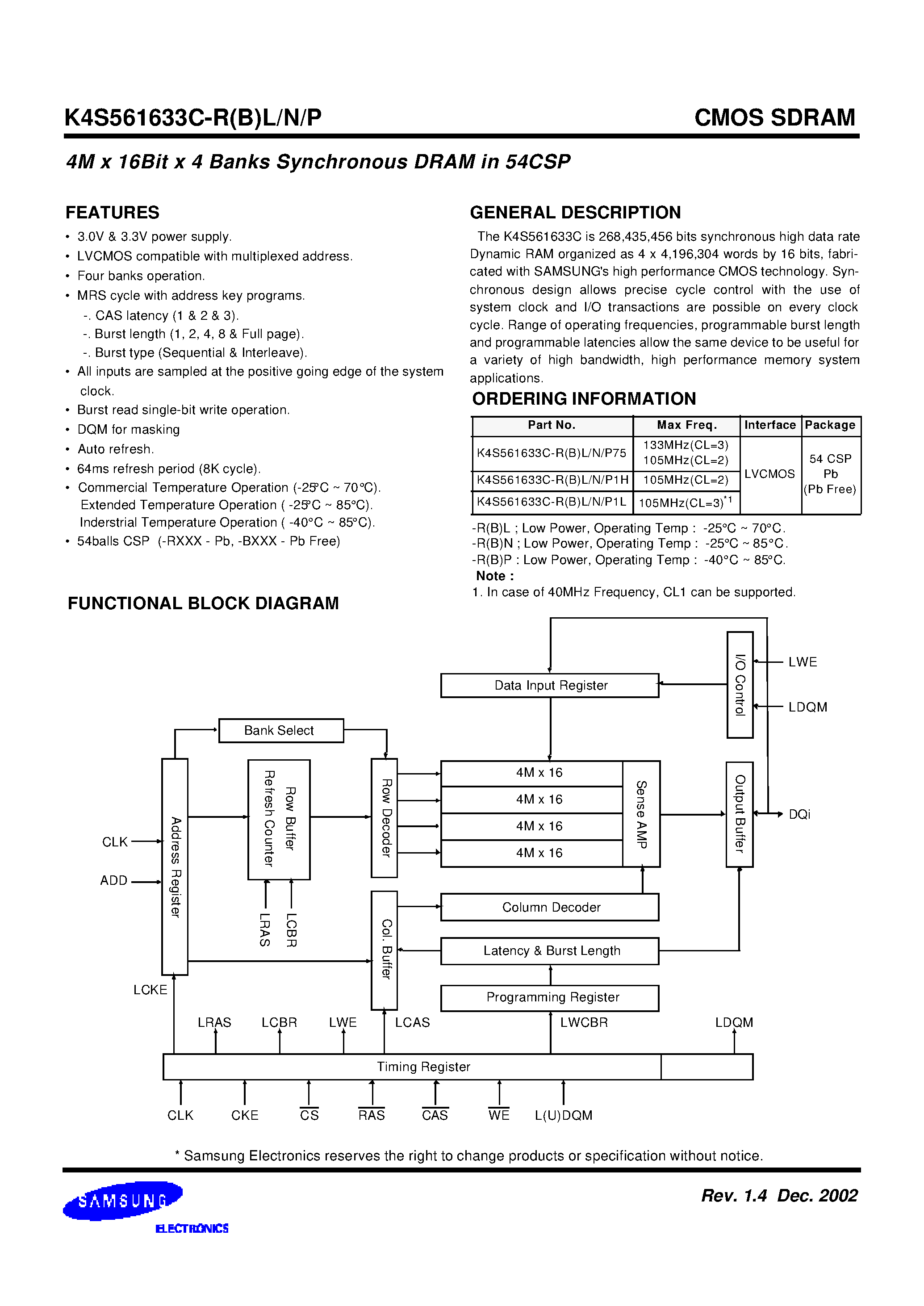 Datasheet K4S561633C-N - 16Mx16 SDRAM 54CSP page 2