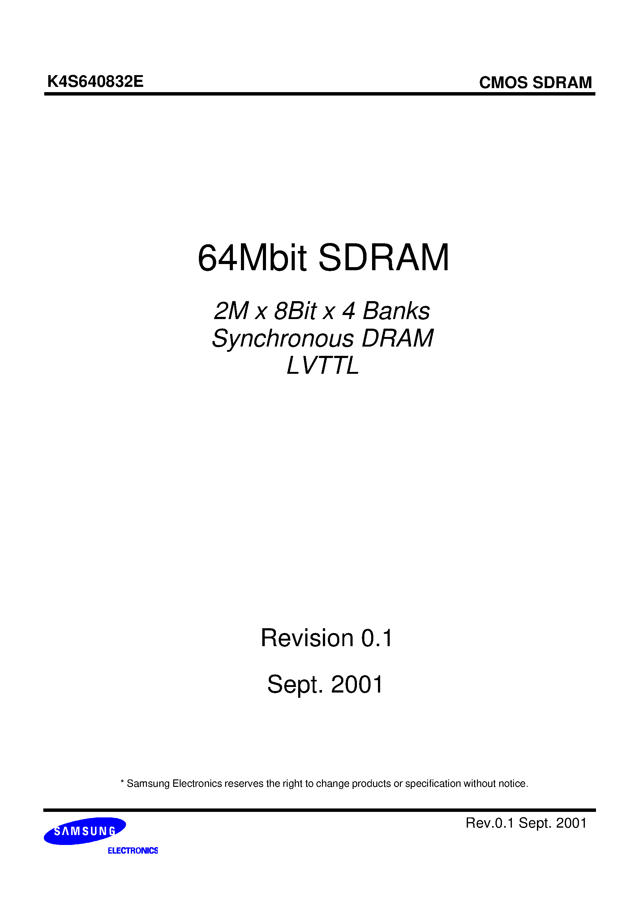 Datasheet K4S640832E-TL1H - 64Mbit SDRAM 2M x 8Bit x 4 Banks Synchronous DRAM LVTTL page 1