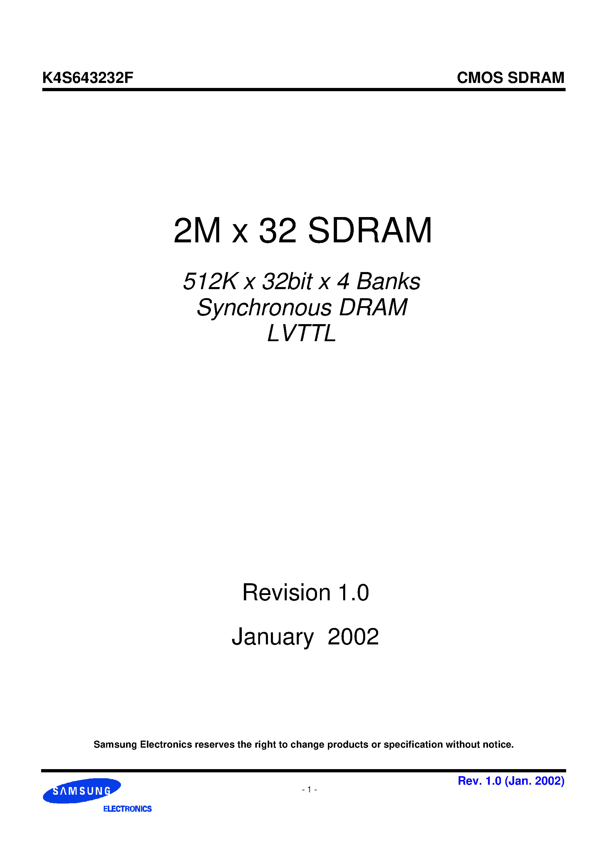 Даташит K4S643232F-TL50 - 2M x 32 SDRAM 512K x 32bit x 4 Banks Synchronous DRAM LVTTL страница 1