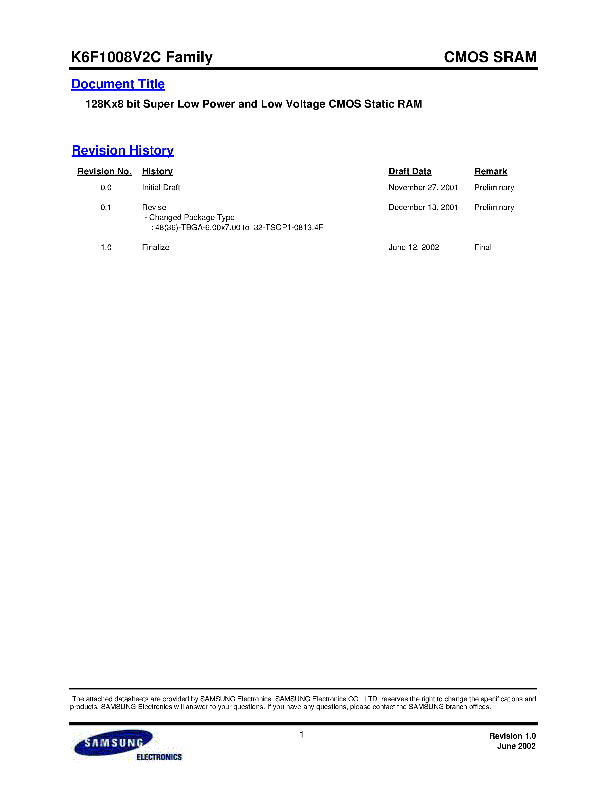 Даташит K6F1008V2C-F - 128Kx8 bit Super Low Power and Low Voltage CMOS Static RAM страница 1
