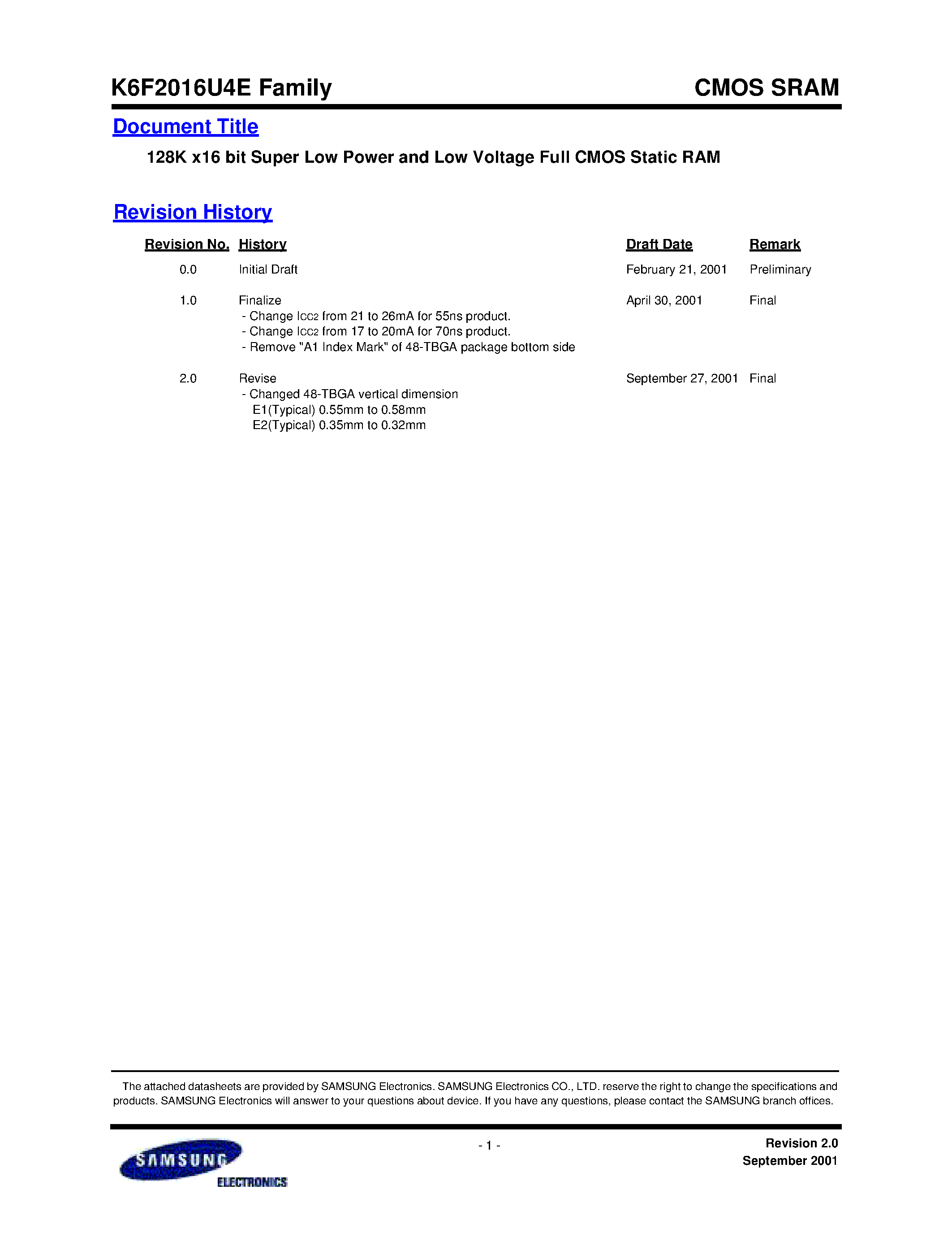 Datasheet K6F2016U4E-F - 128K x16 bit Super Low Power and Low Voltage Full CMOS Static RAM page 1