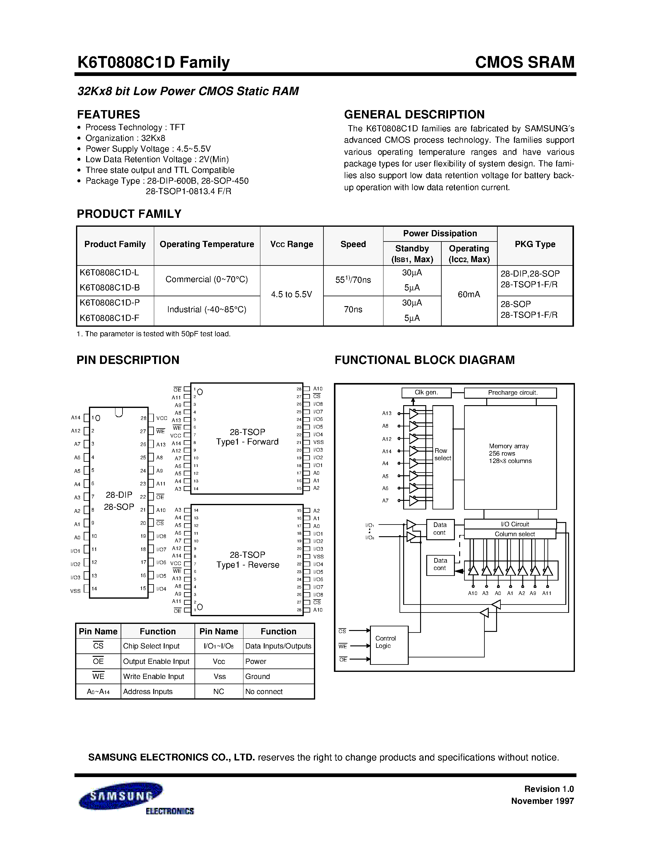Даташит K6T0808C1D-TL55 - 32Kx8 bit Low Power CMOS Static RAM страница 2