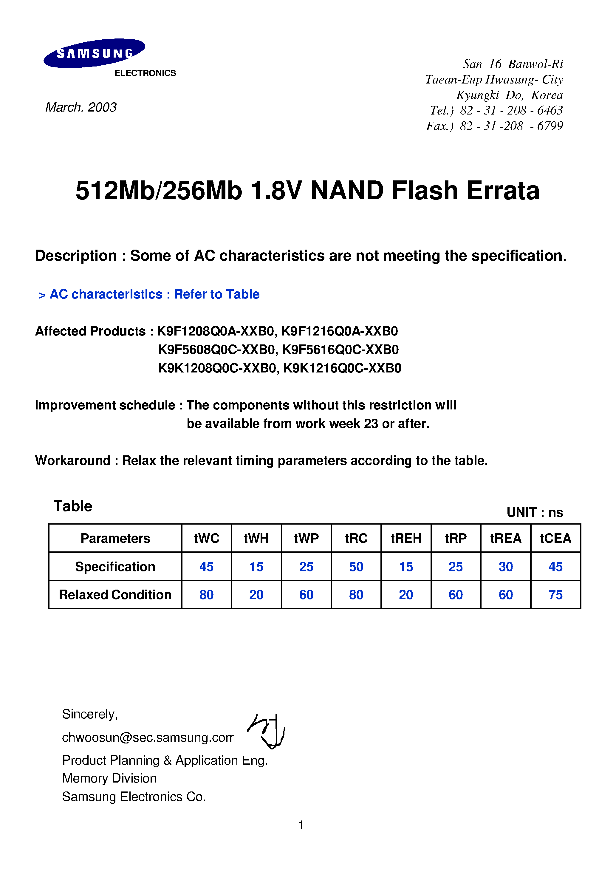 Даташит K9F5608U0C-Y - 512Mb/256Mb 1.8V NAND Flash Errata страница 1