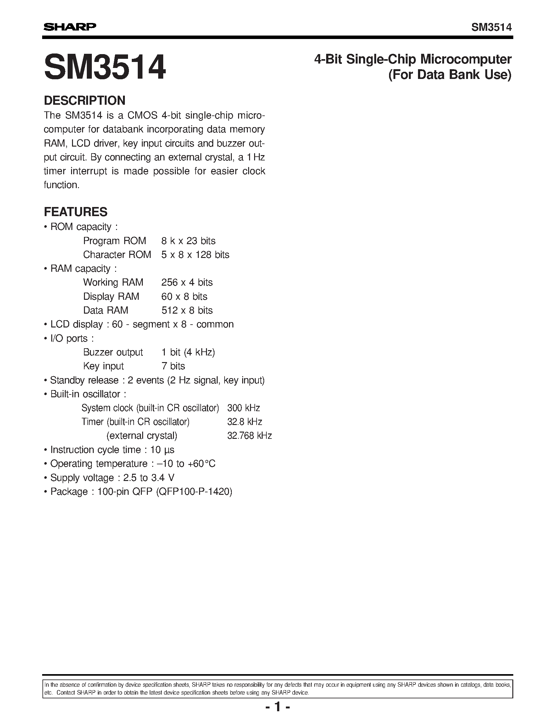 Datasheet SM3514 - 4-Bit Single-Chip Microcomputer(For Data Bank Use) page 1
