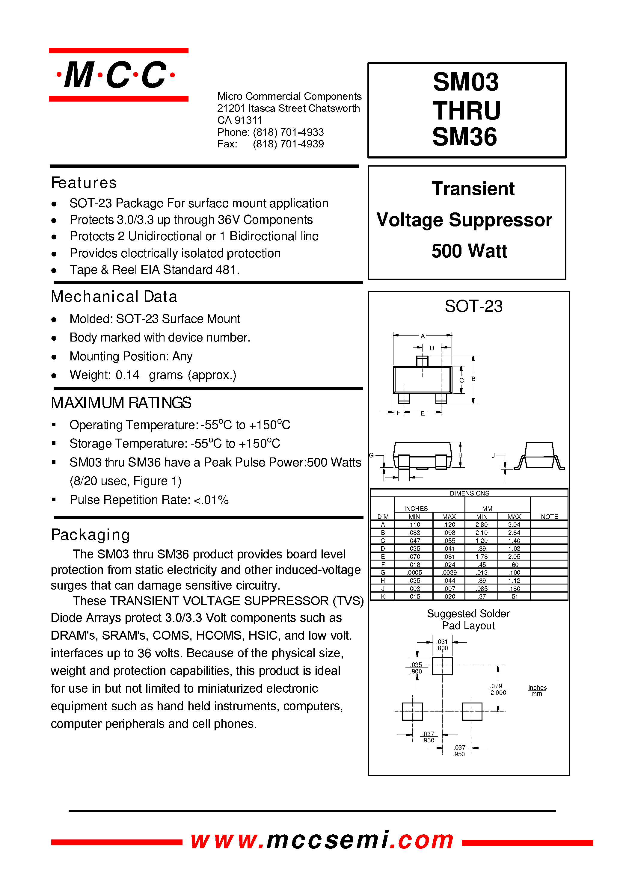 Даташит SM36 - Transient Voltage Suppressor 500 Watt страница 1
