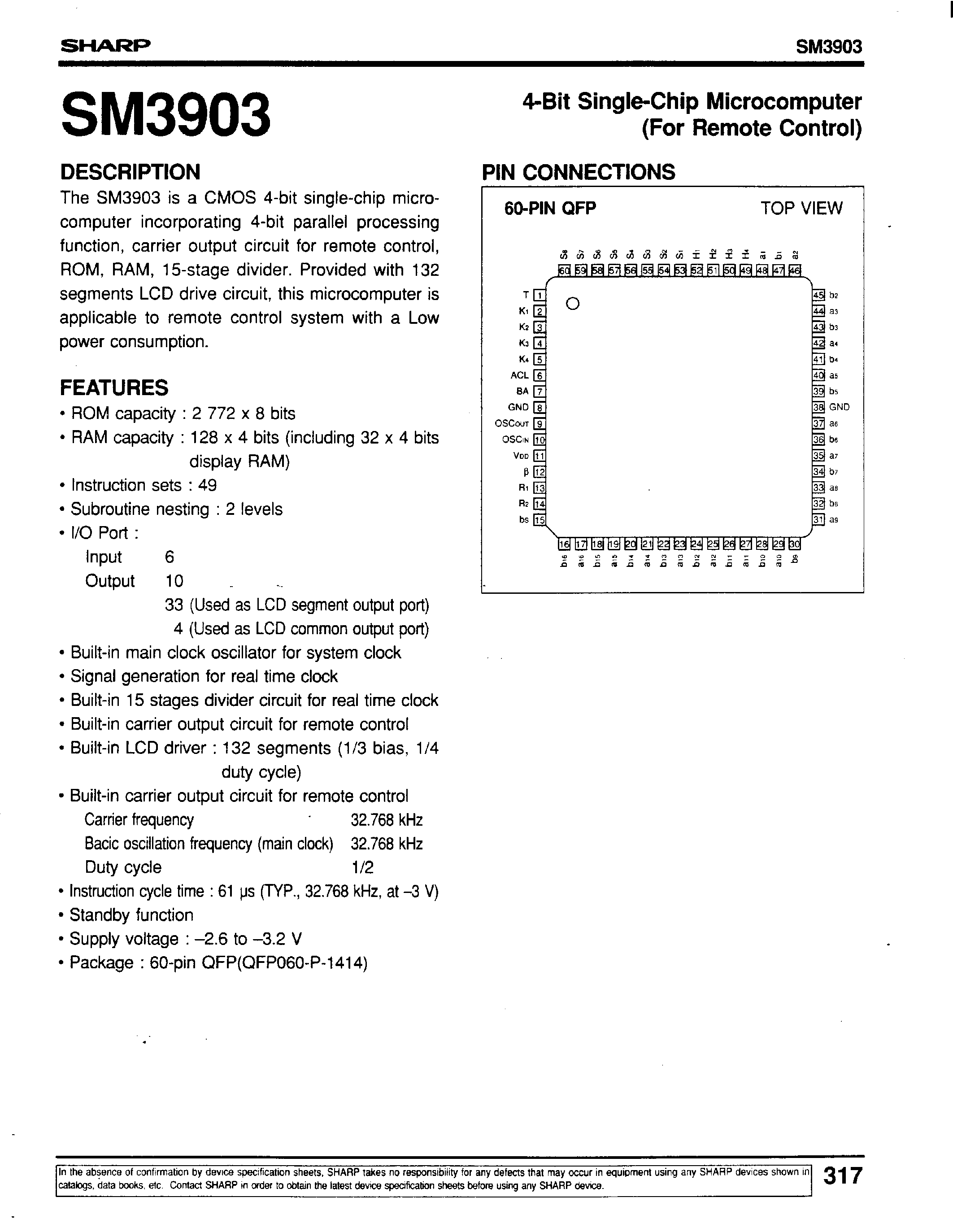 Datasheet SM3903 - 4-Bit Single-Chip Microcomputer(For Remote Control) page 1