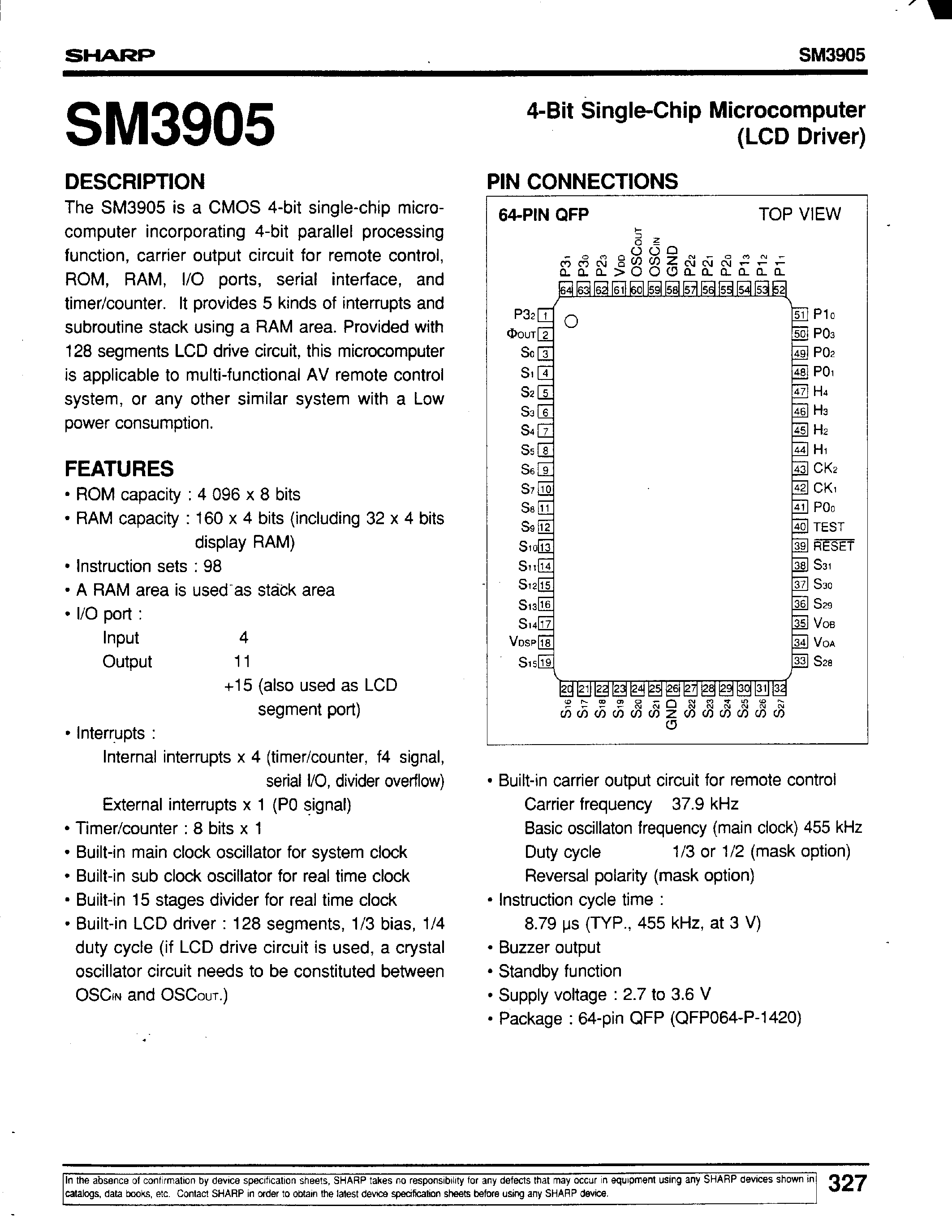 Даташит SM3905 - 4-Bit Single-Chip Microcomputer(LCD Driver) страница 1