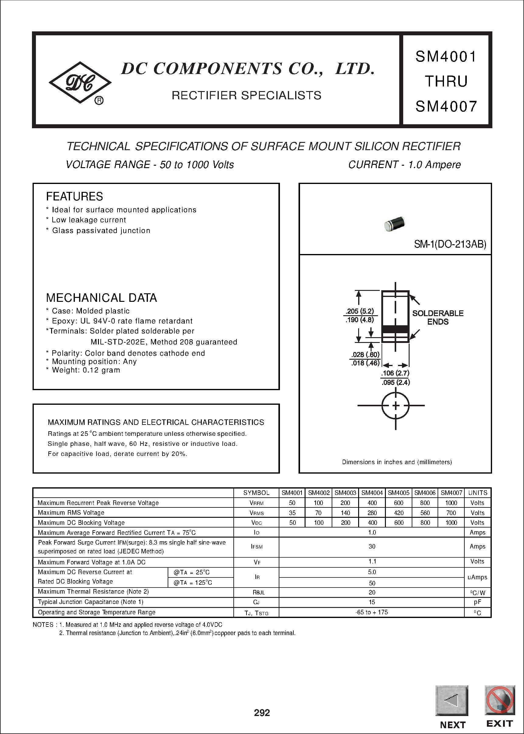 Даташит SM4001 - TECHNICAL SPECIFICATIONS OF SURFACE MOUNT SILICON RECTIFIER страница 1