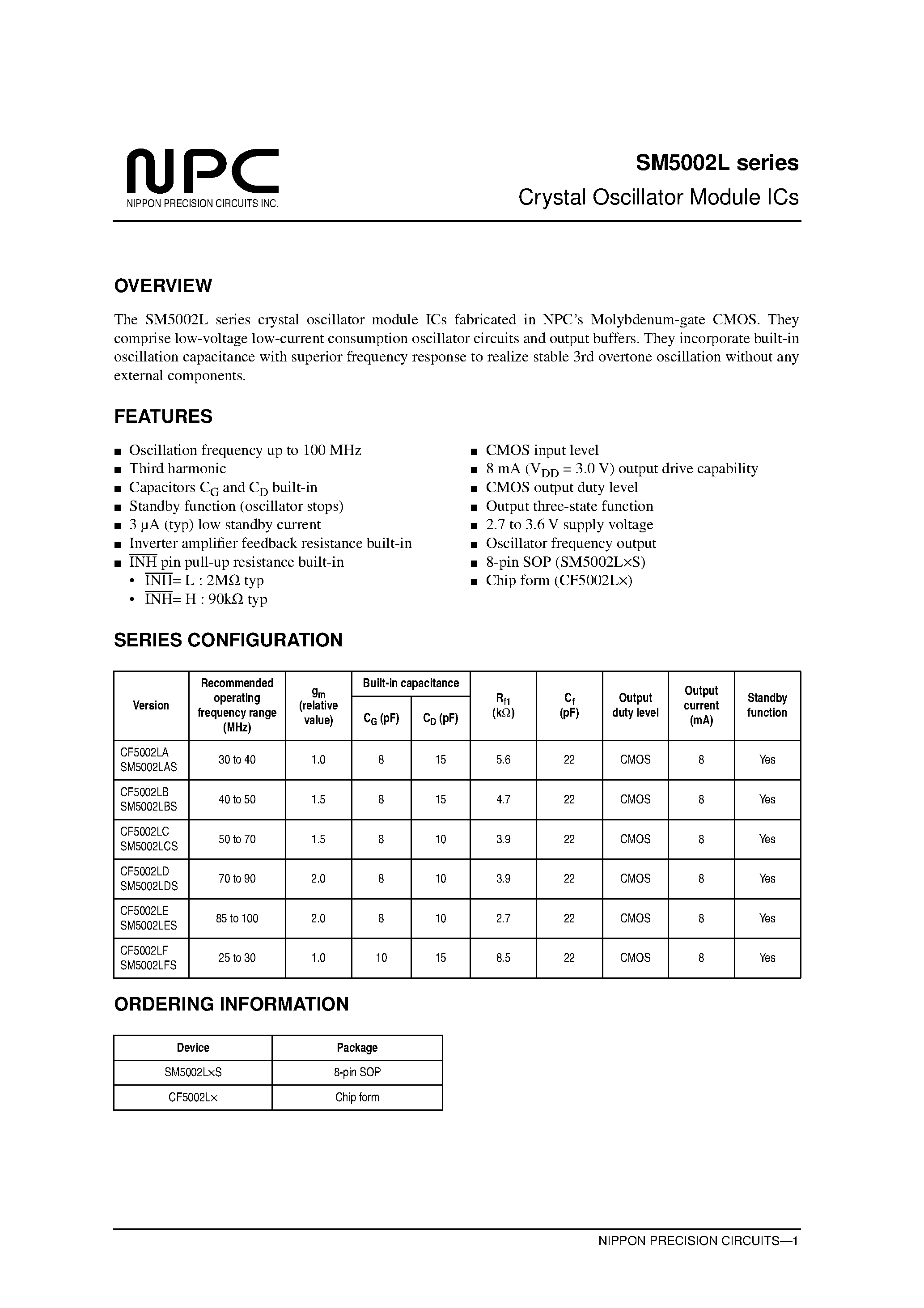 Datasheet SM5002LCS - Crystal Oscillator Module ICs page 1