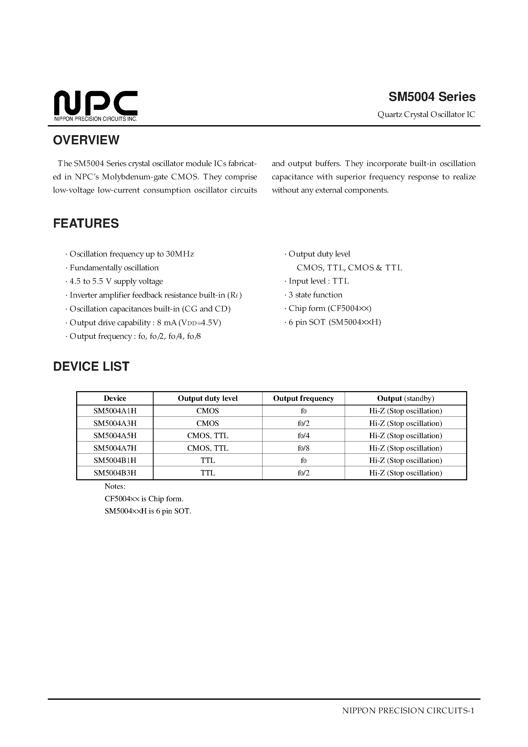 Datasheet SM5004 - Quartz Crystal Oscillator IC page 1