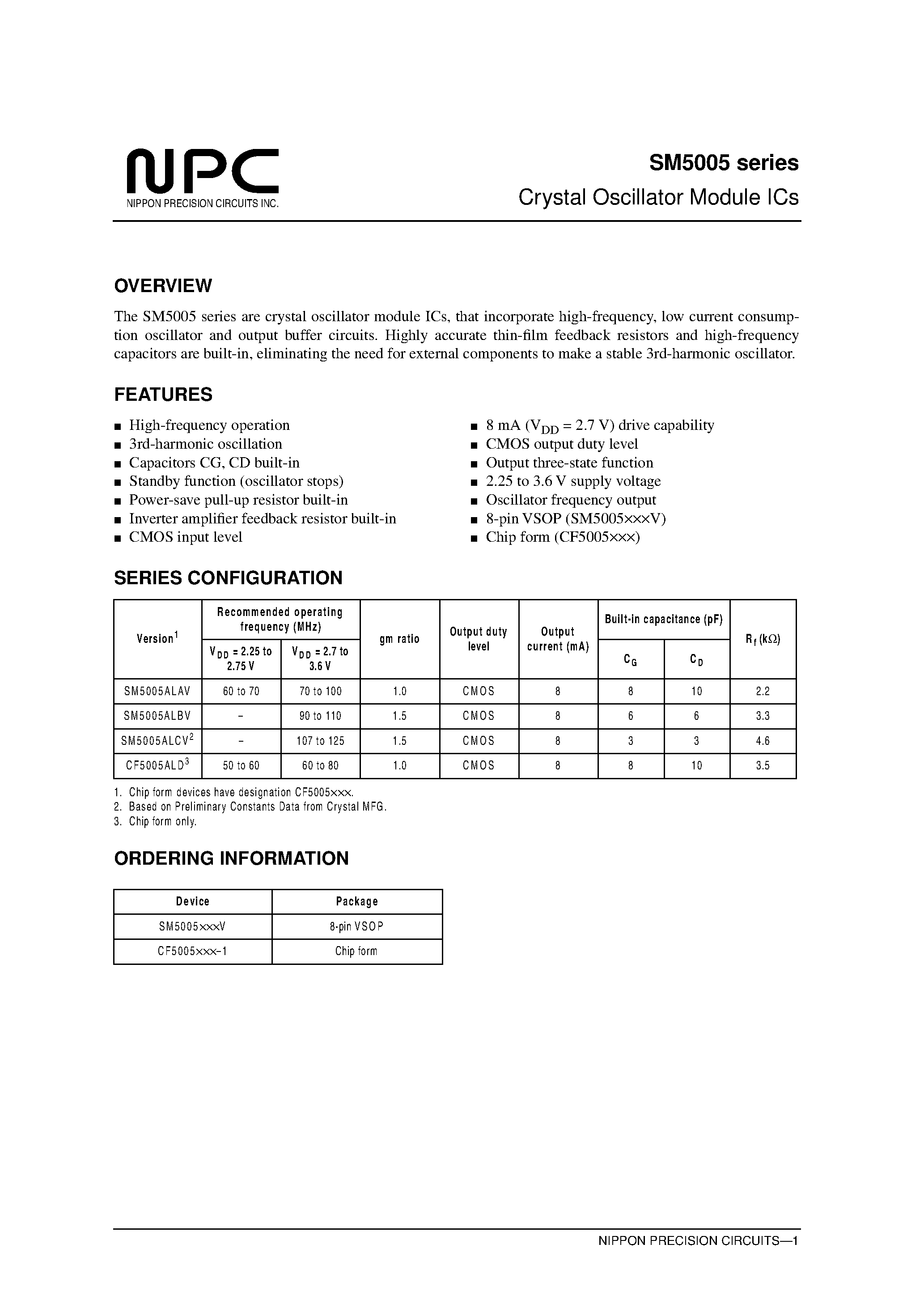 Datasheet SM5005 - Crystal Oscillator Module ICs page 1