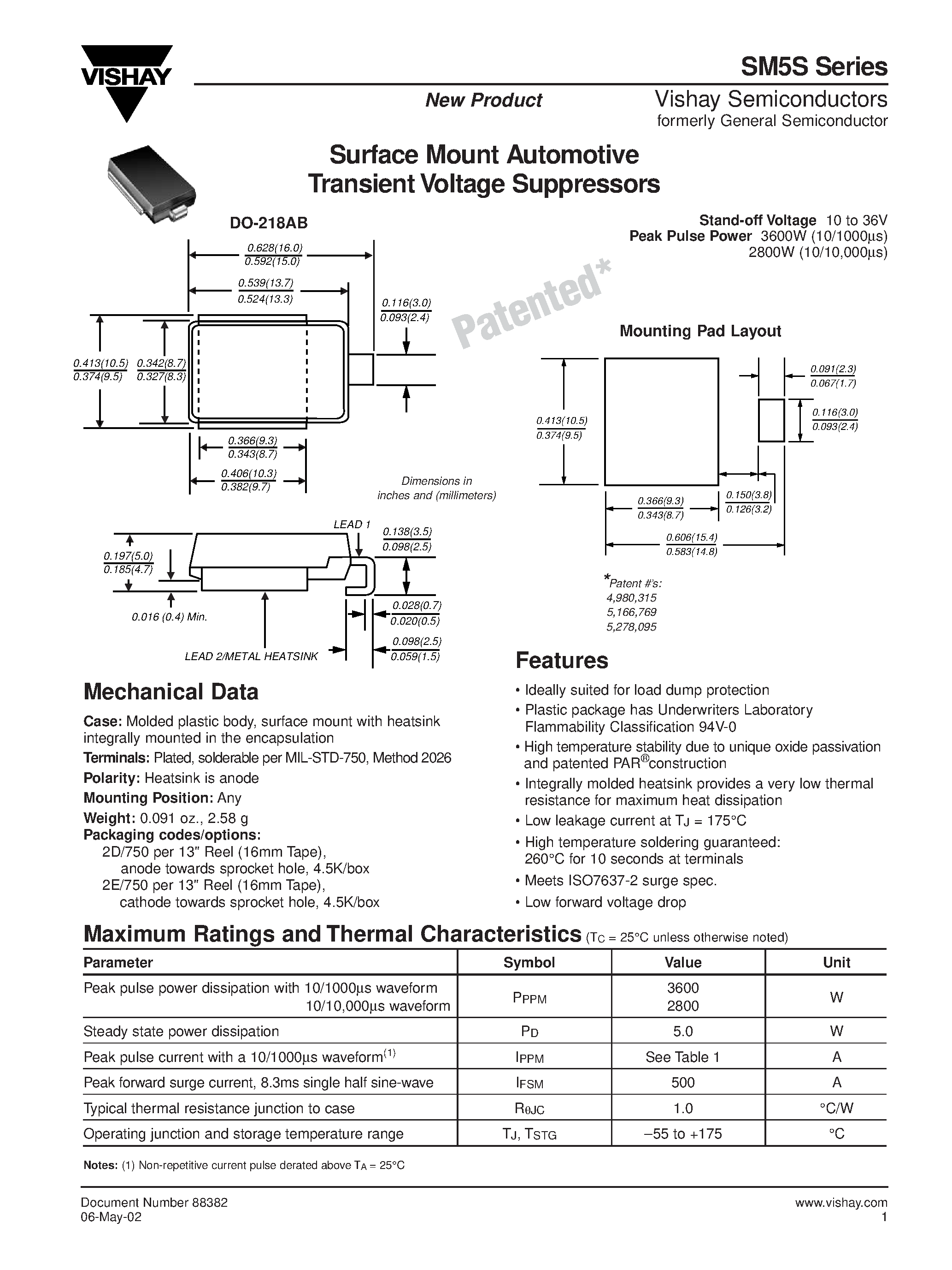 Datasheet SM5S - Surface Mount Automotive Transient Voltage Suppressors page 1
