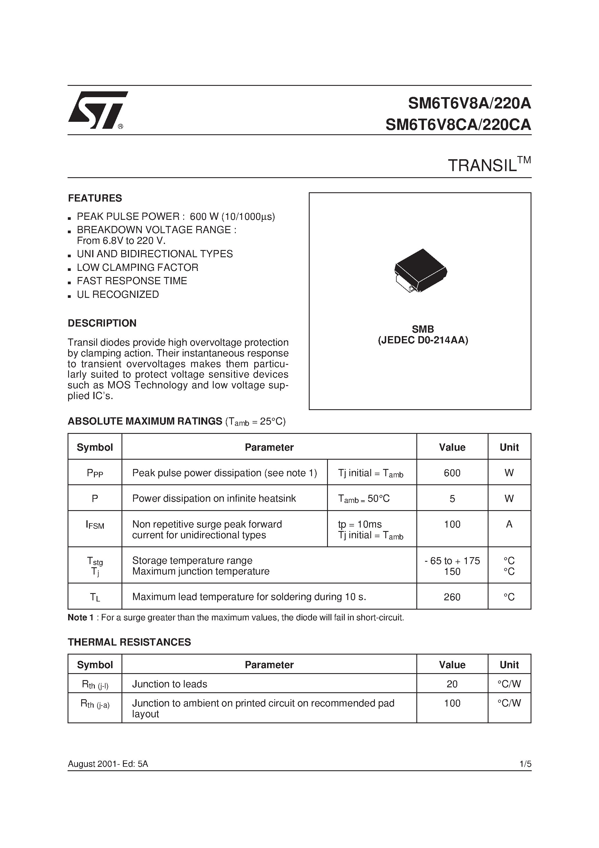 Datasheet SM6T22CA - TRANSILTM page 1