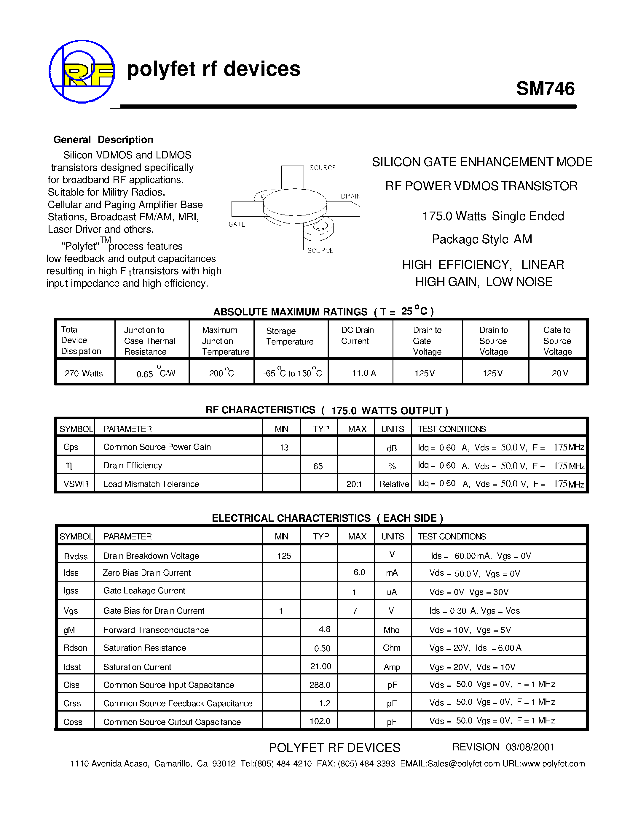 Datasheet SM746 - SILICON GATE ENHANCEMENT MODE RF POWER VDMOS TRANSISTOR page 1