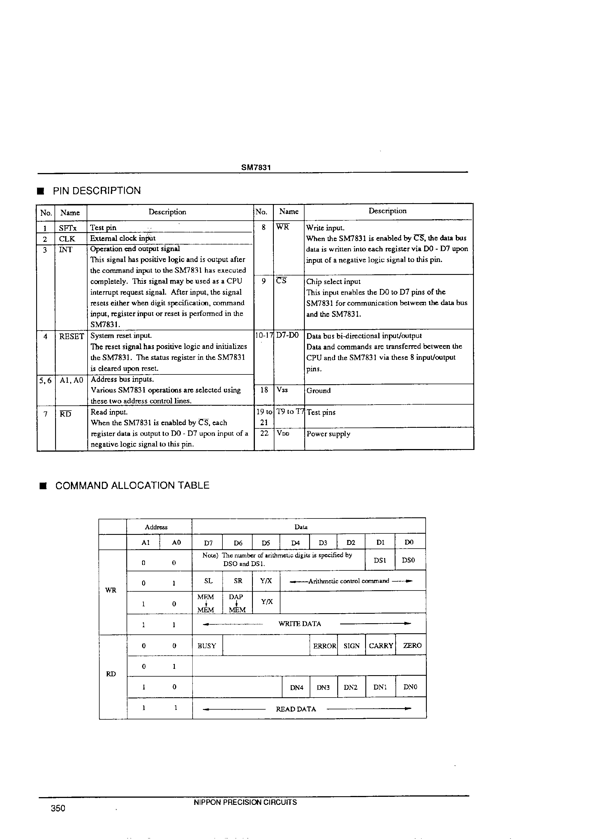 Datasheet SM7831 - Decimal Operation Pfocessor page 2