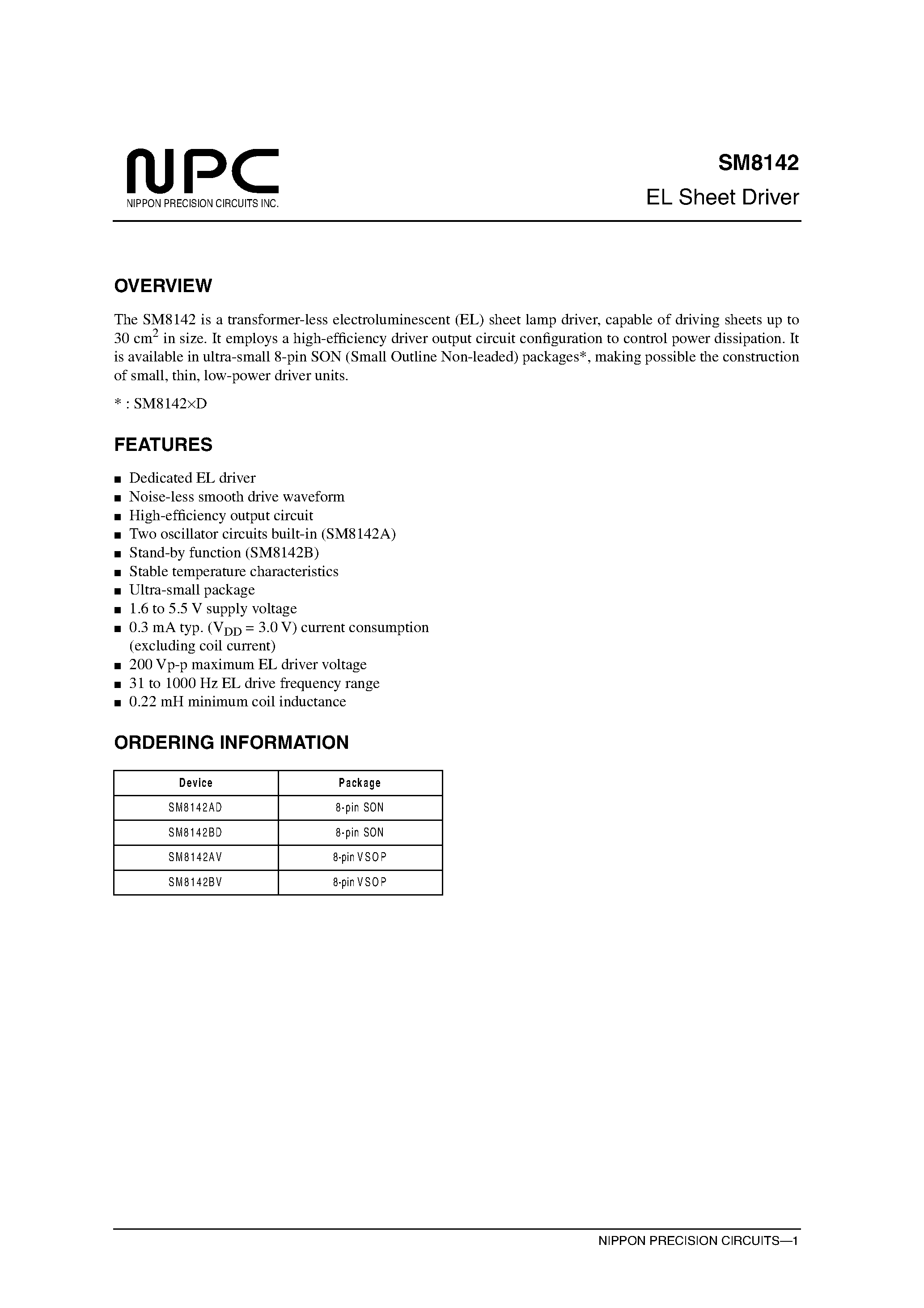 Datasheet SM8142AD - EL Sheet Driver page 1