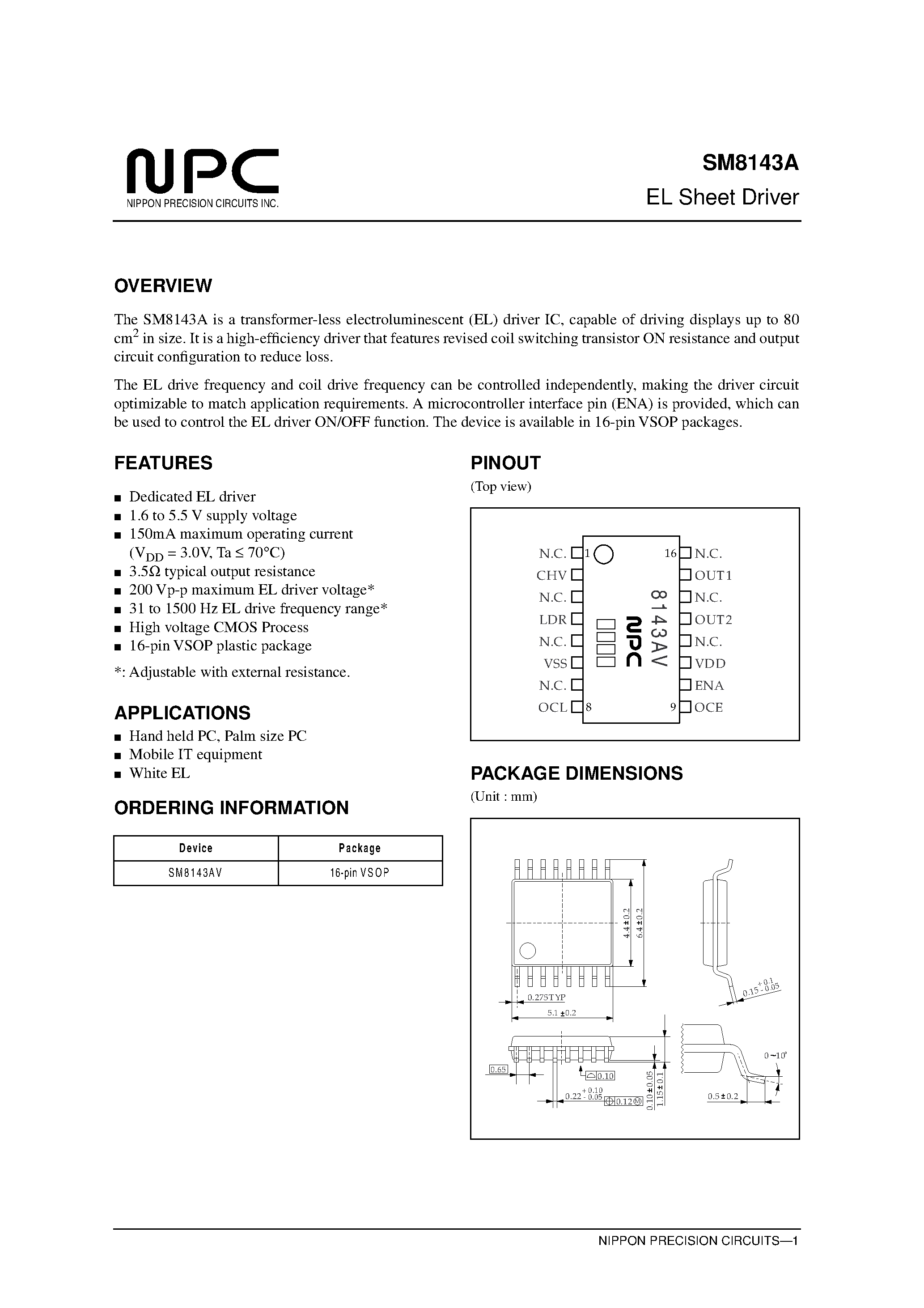 Datasheet SM8143 - EL Sheet Driver page 1