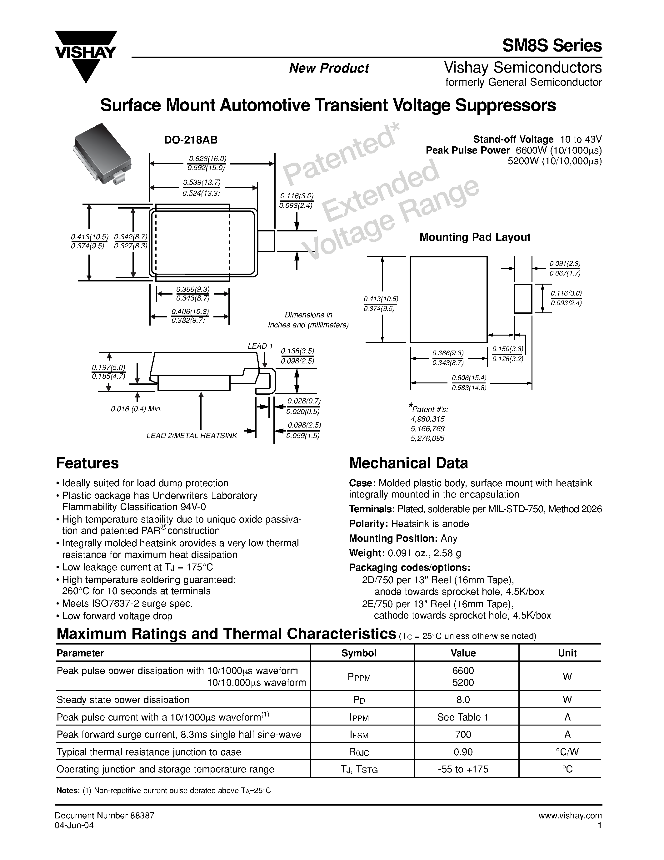 Даташит SM8S - Surface Mount Automotive Transient Voltage Suppressors страница 1