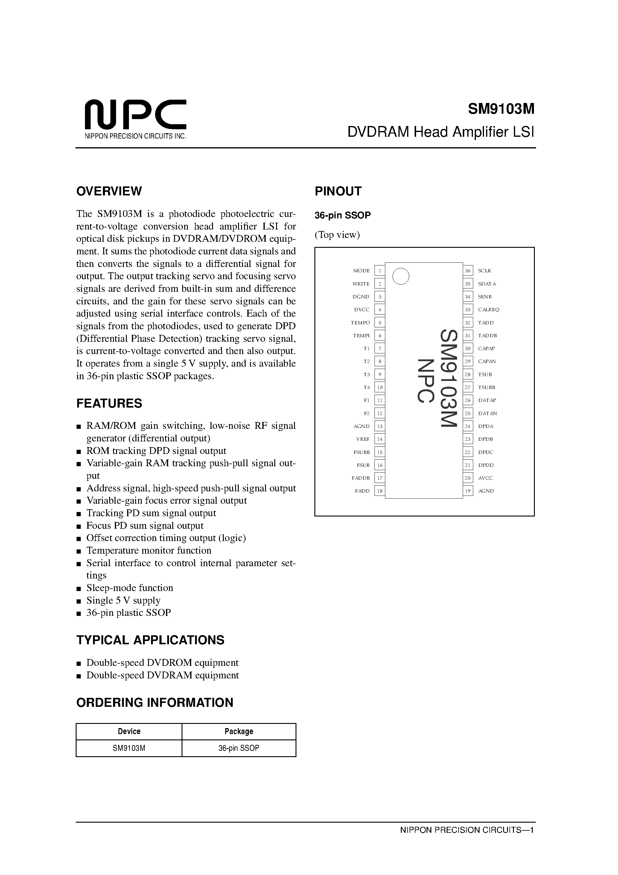 Datasheet SM9103M - DVDRAM Head Amplifier LSI page 1