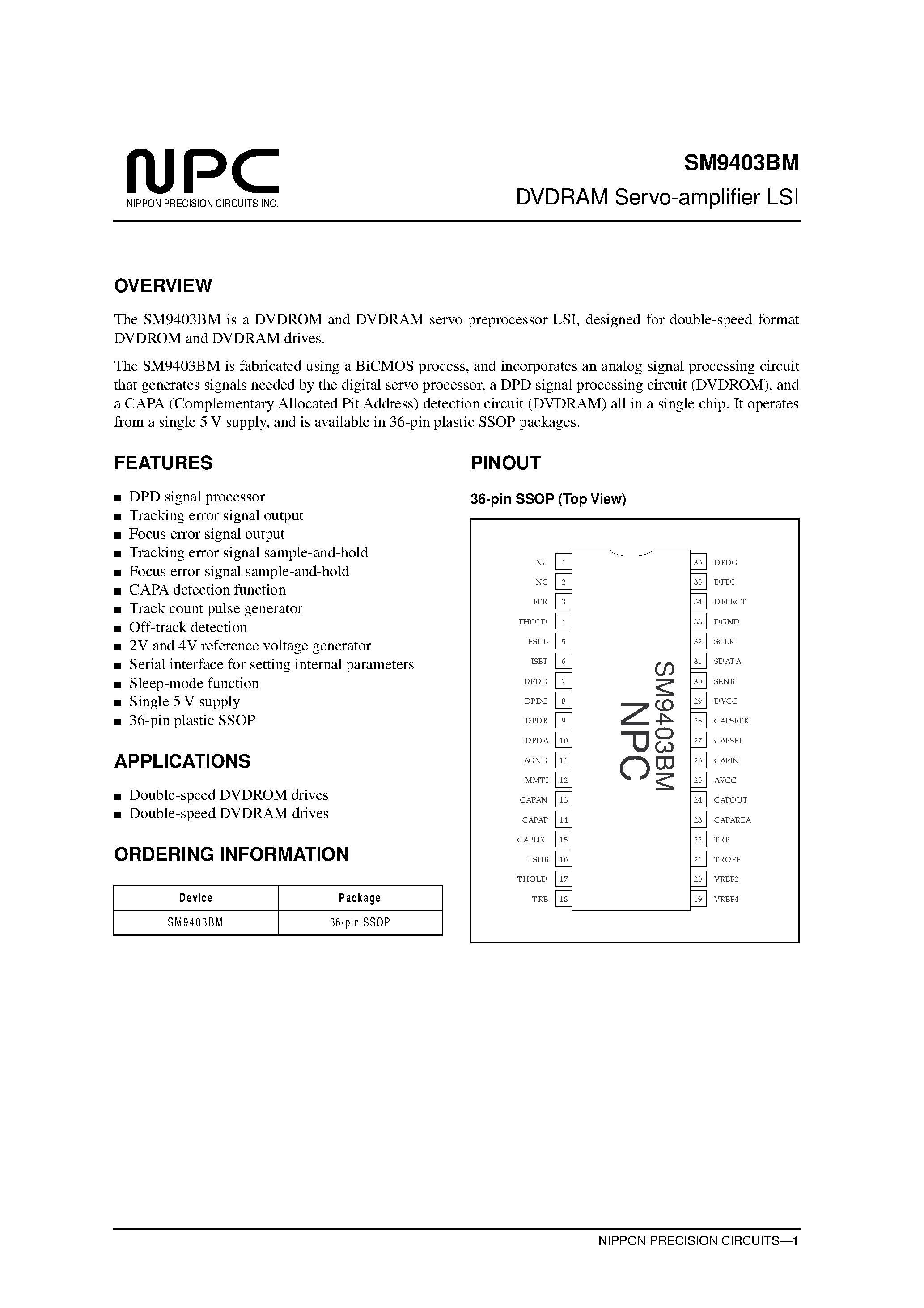 Datasheet SM9403BM - DVDRAM Servo-amplifier LSI page 1