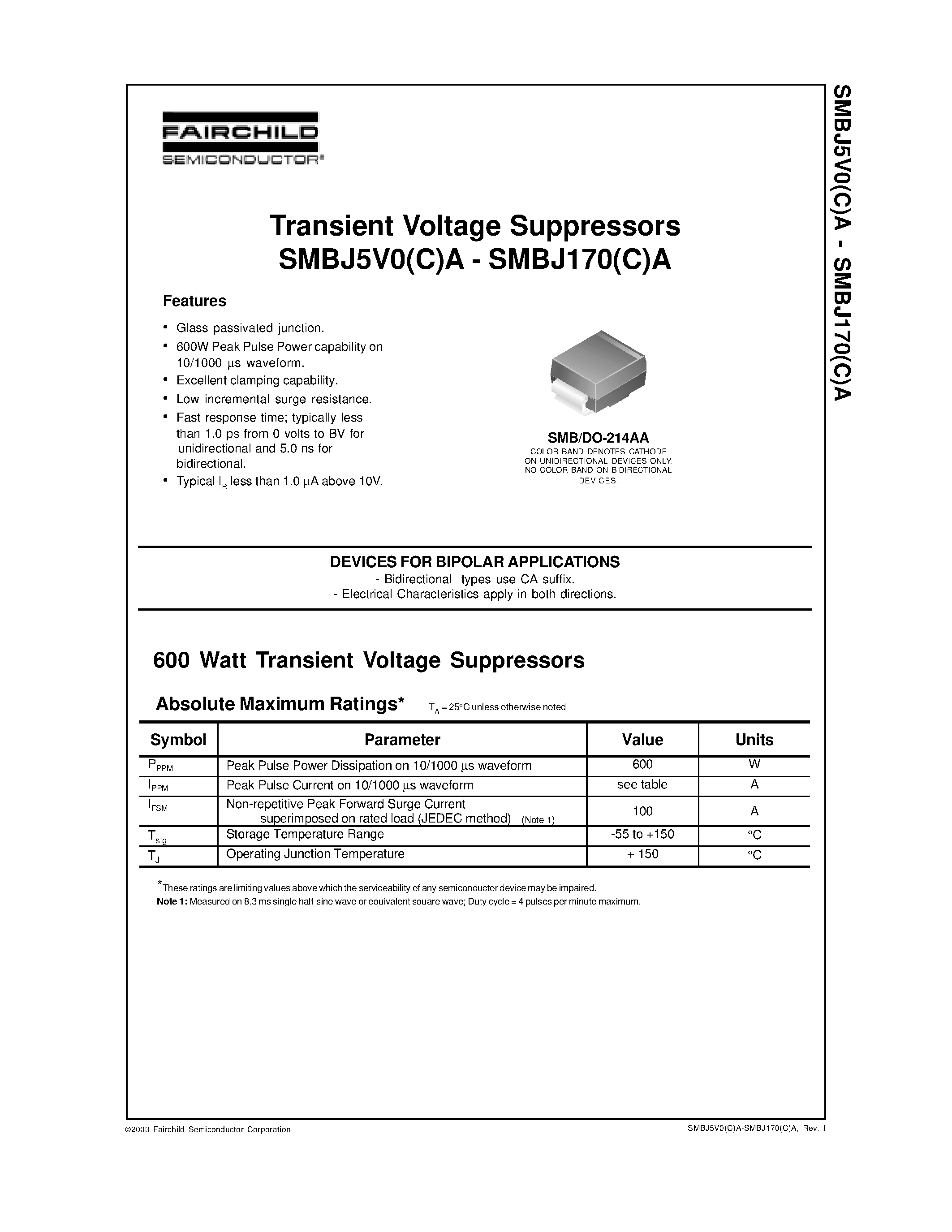 Даташит SMBJ10A - Transient Voltage Suppressors SMBJ5V0(C)A - SMBJ170(C)A страница 1