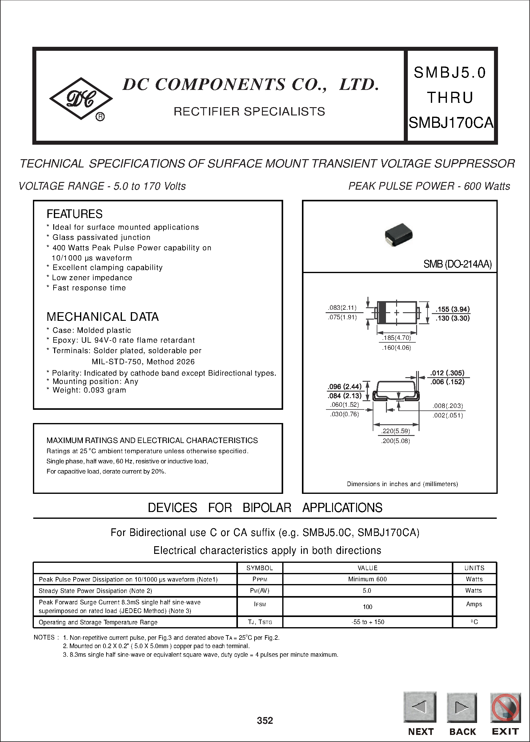 Даташит SMBJ33A - Transient Voltage Suppressors SMBJ5V0(C)A - SMBJ170(C)A страница 1