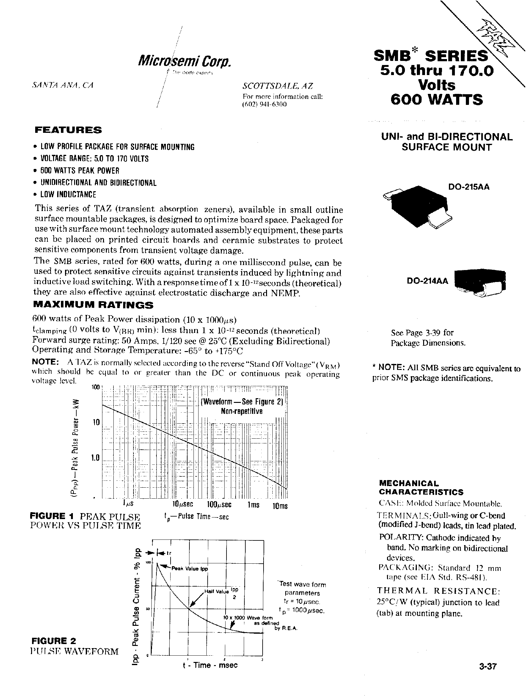 Datasheet SMBJ43A - Transient Voltage Suppressors SMBJ5V0(C)A - SMBJ170(C)A page 1