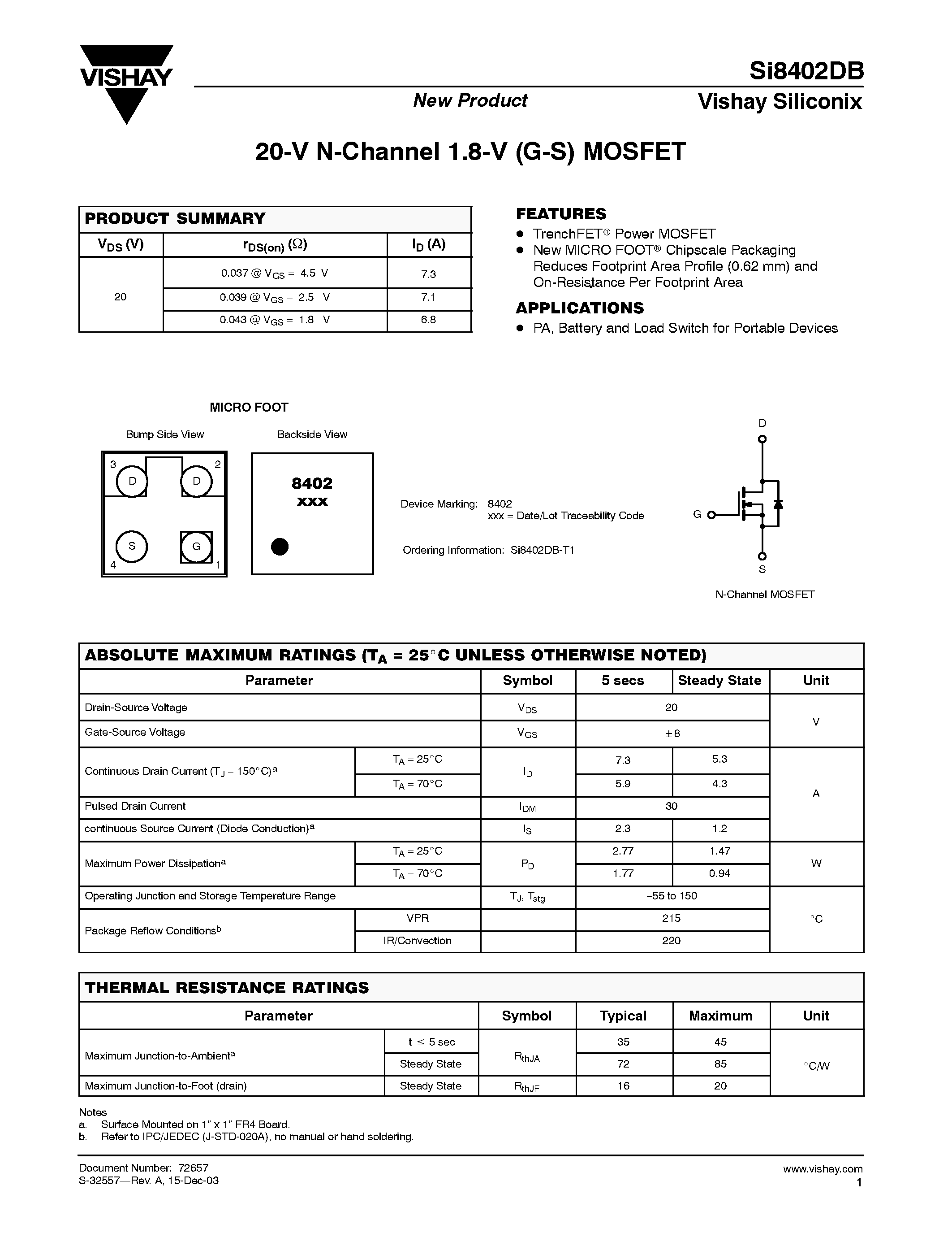 Даташит SI8402DB-T1 - 20-V N-Channel 1.8-V (G-S) MOSFET страница 1