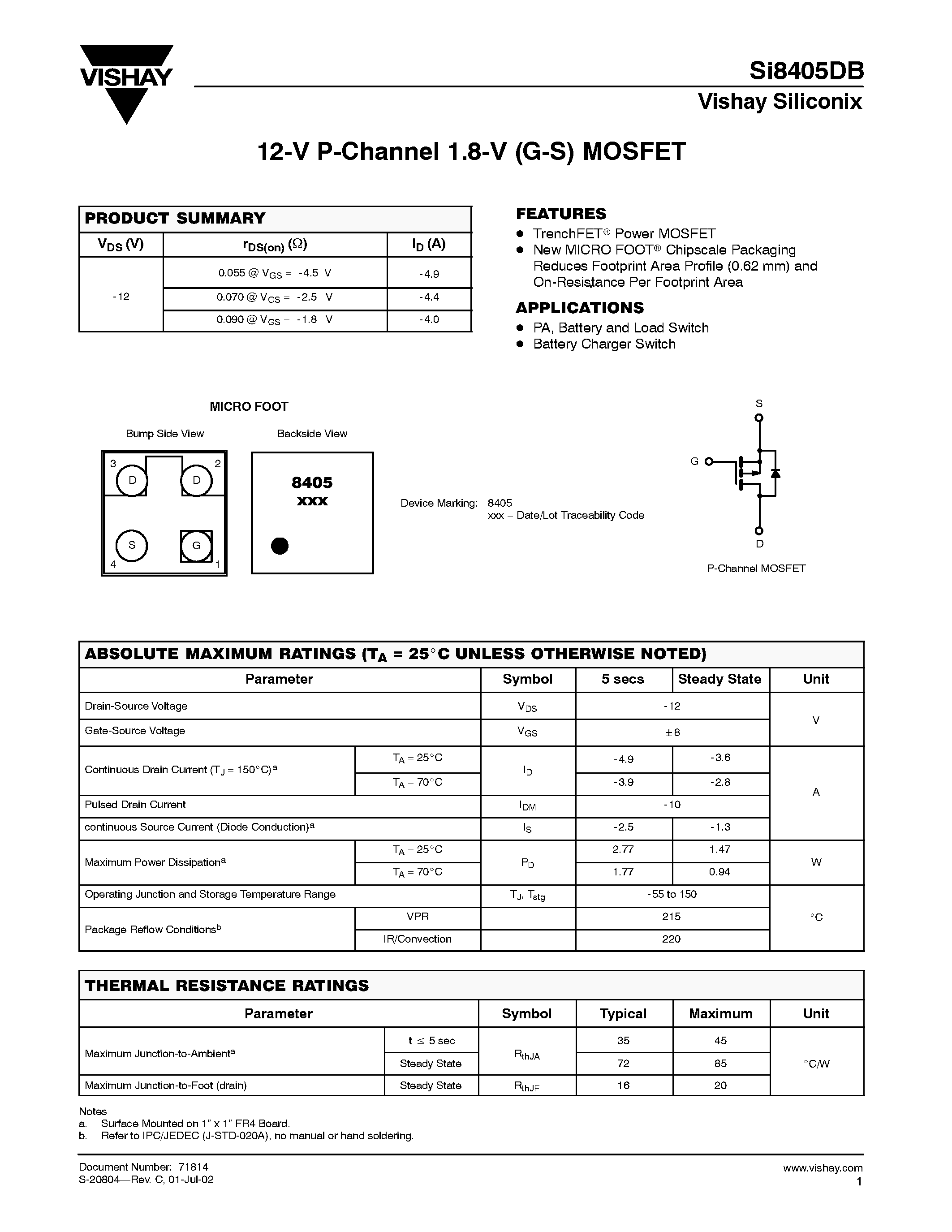 Даташит SI8405DB - 12-V P-Channel 1.8-V (G-S) MOSFET страница 1