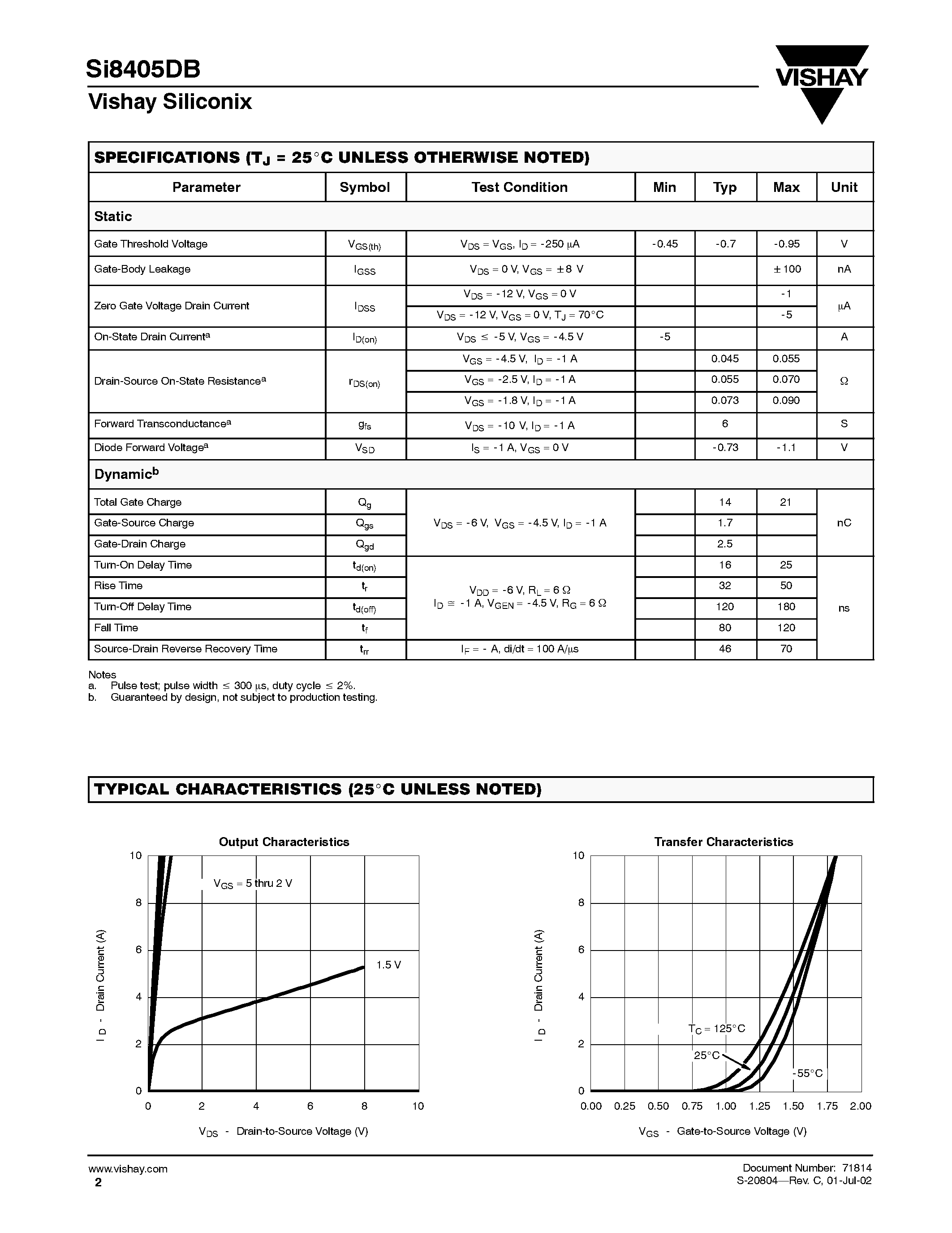 Datasheet SI8405DB - 12-V P-Channel 1.8-V (G-S) MOSFET page 2