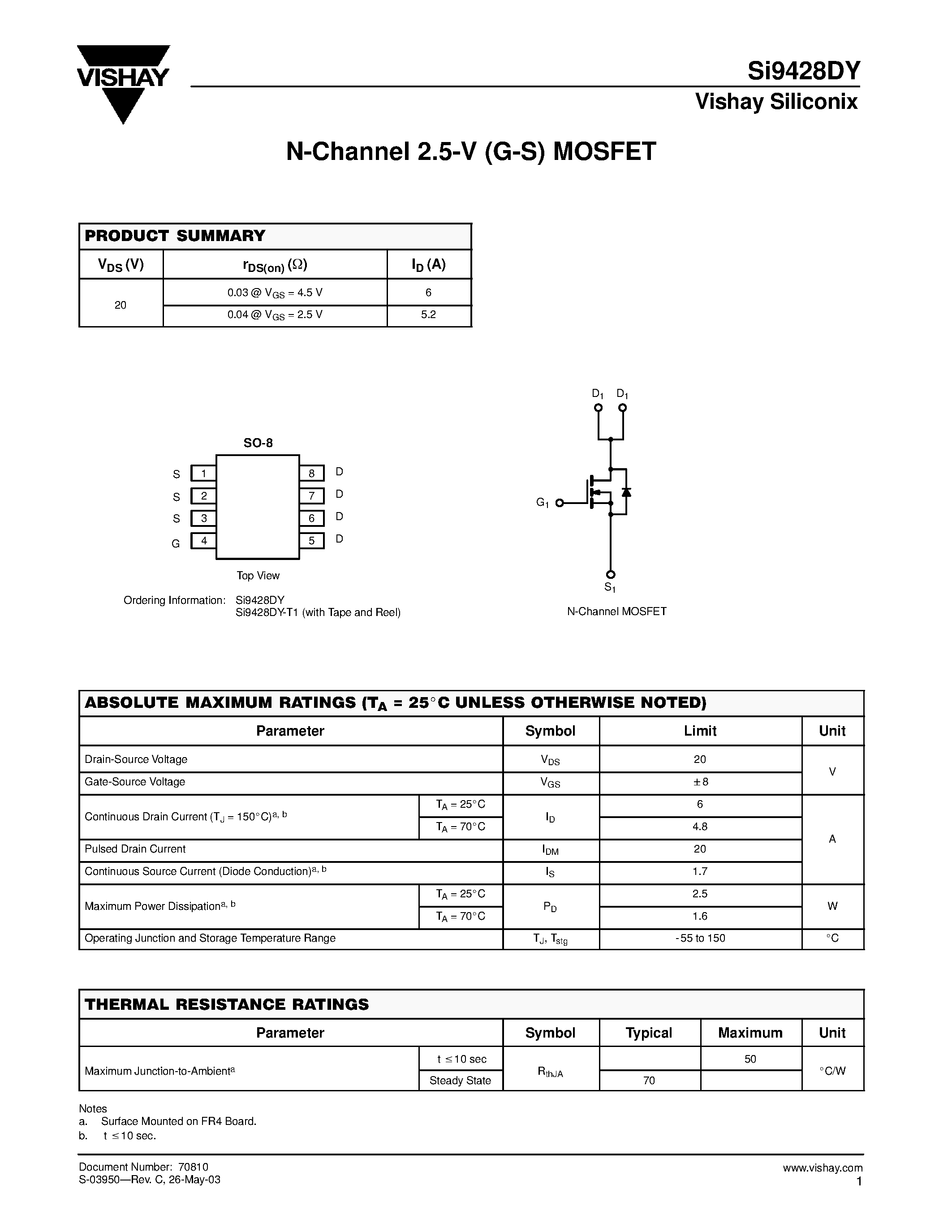 Datasheet SI9428DY - N-Channel 2.5-V (G-S) MOSFET page 1
