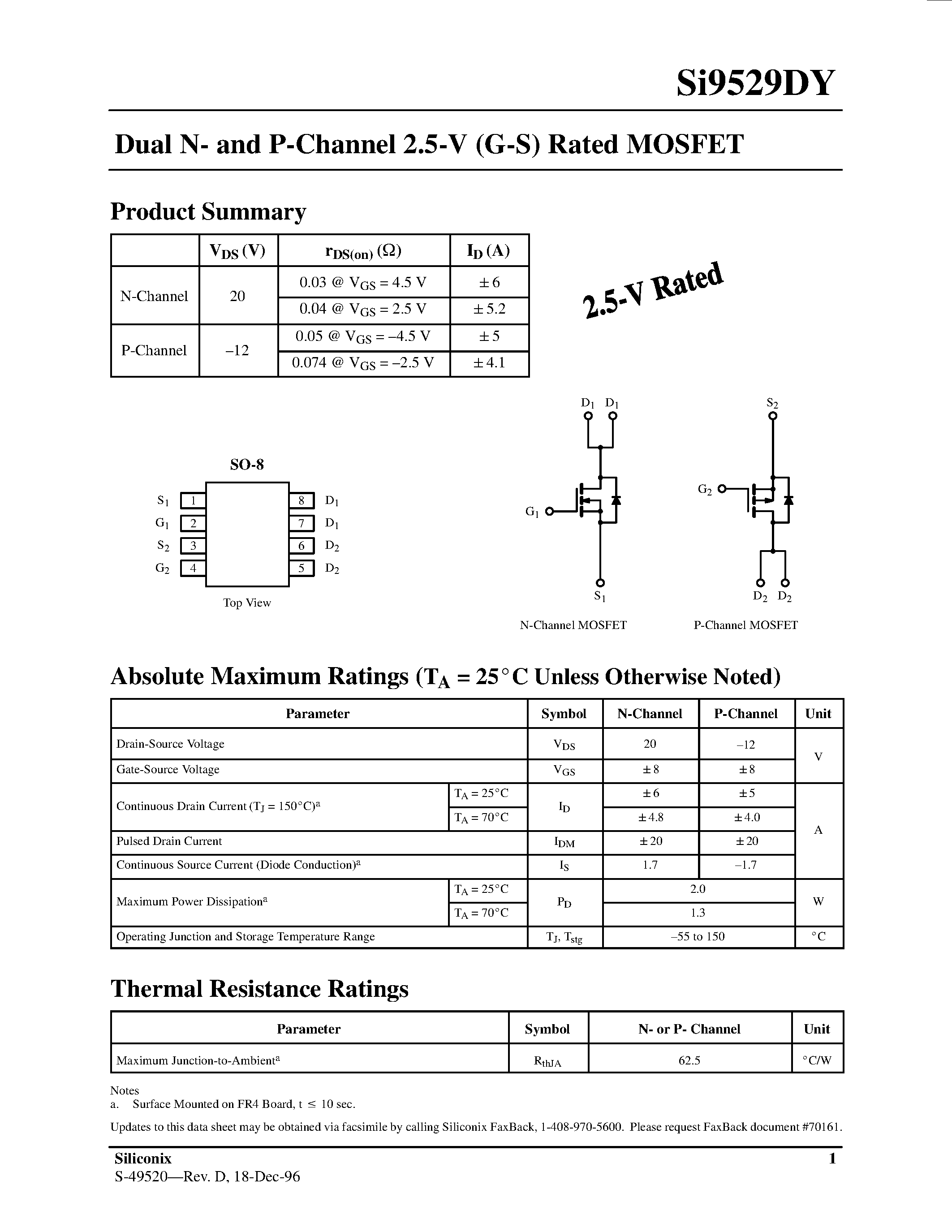 Даташит SI9529DY - Dual N- and P-Channel 2.5-V (G-S) Rated MOSFET страница 1
