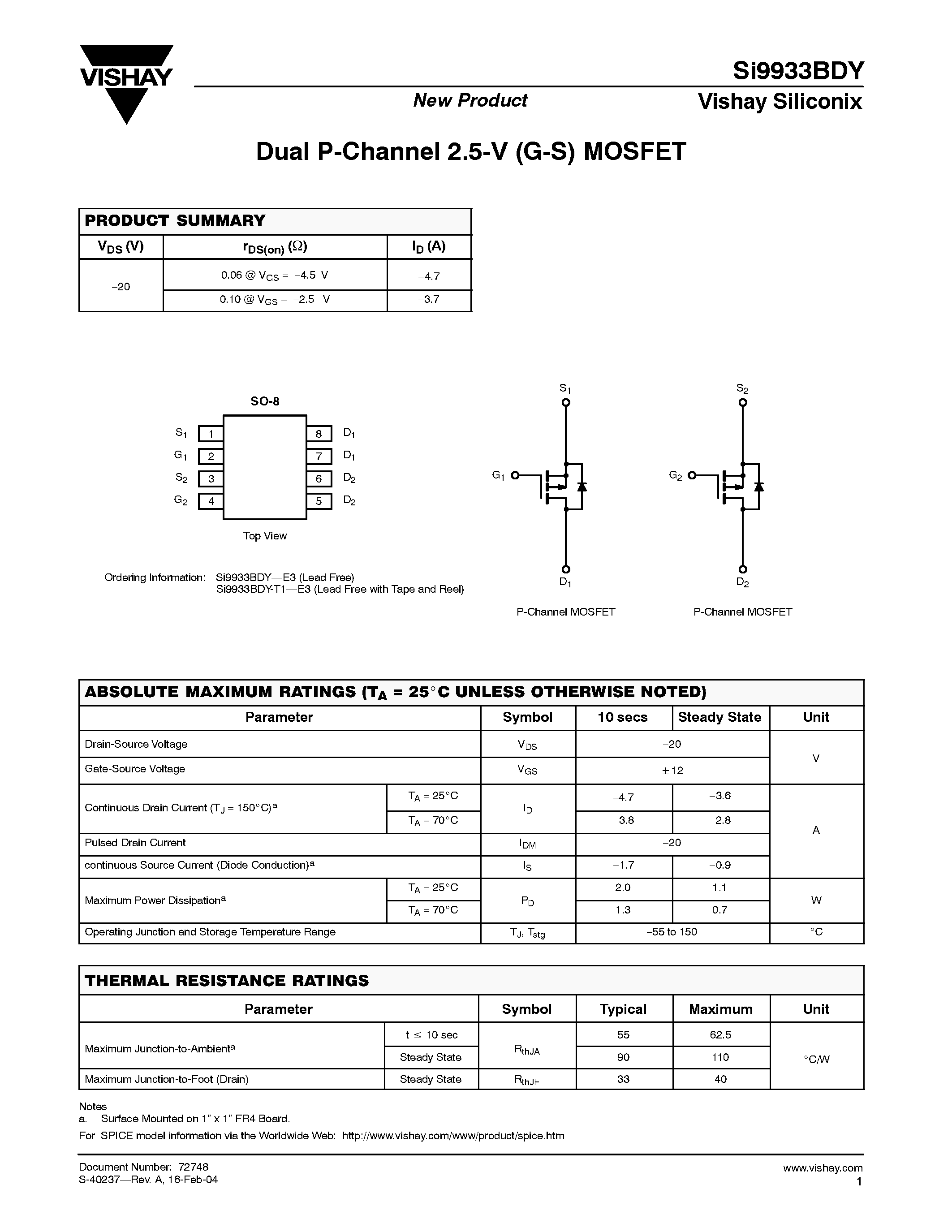 Datasheet SI9933BDY - Dual P-Channel 2.5-V (G-S) MOSFET page 1