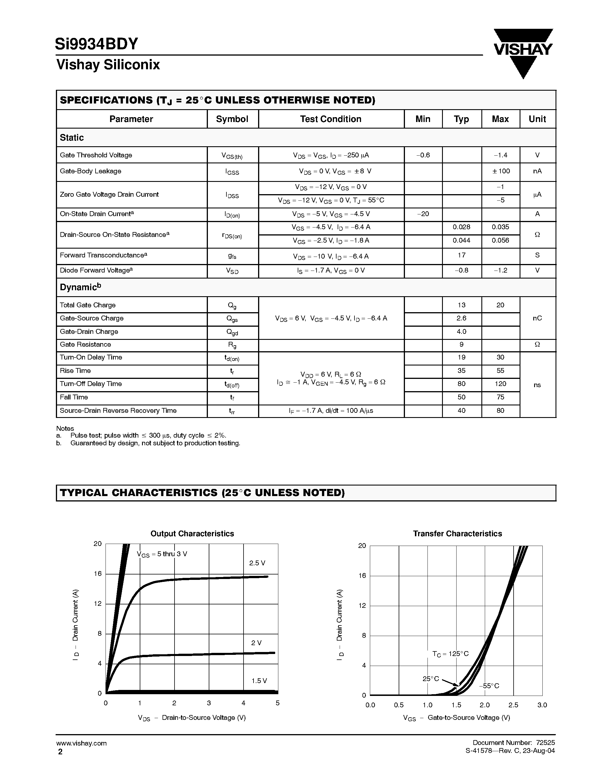 Datasheet SI9934BDY - Dual P-Channel 2.5-V (G-S) MOSFET page 2