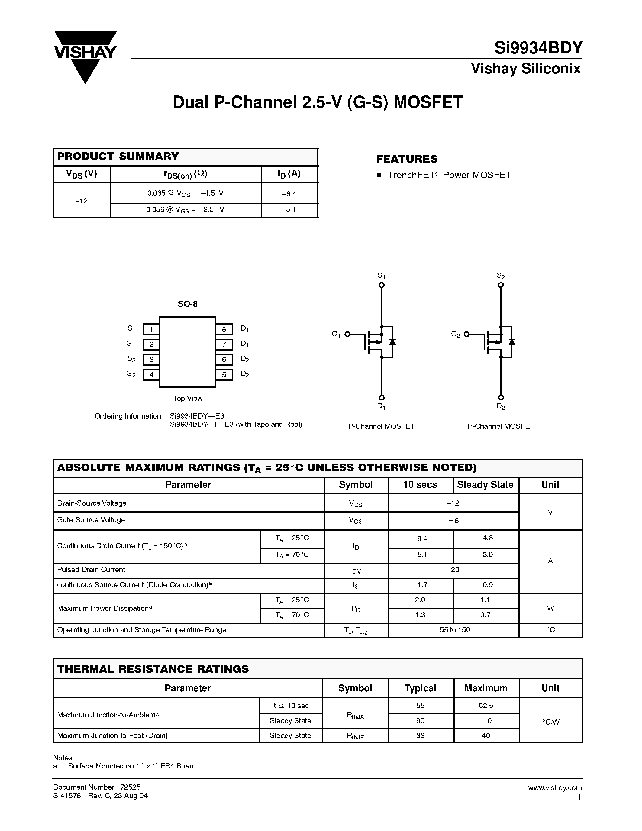 Даташит SI9934BDY-T1-E3 - Dual P-Channel 2.5-V (G-S) MOSFET страница 1