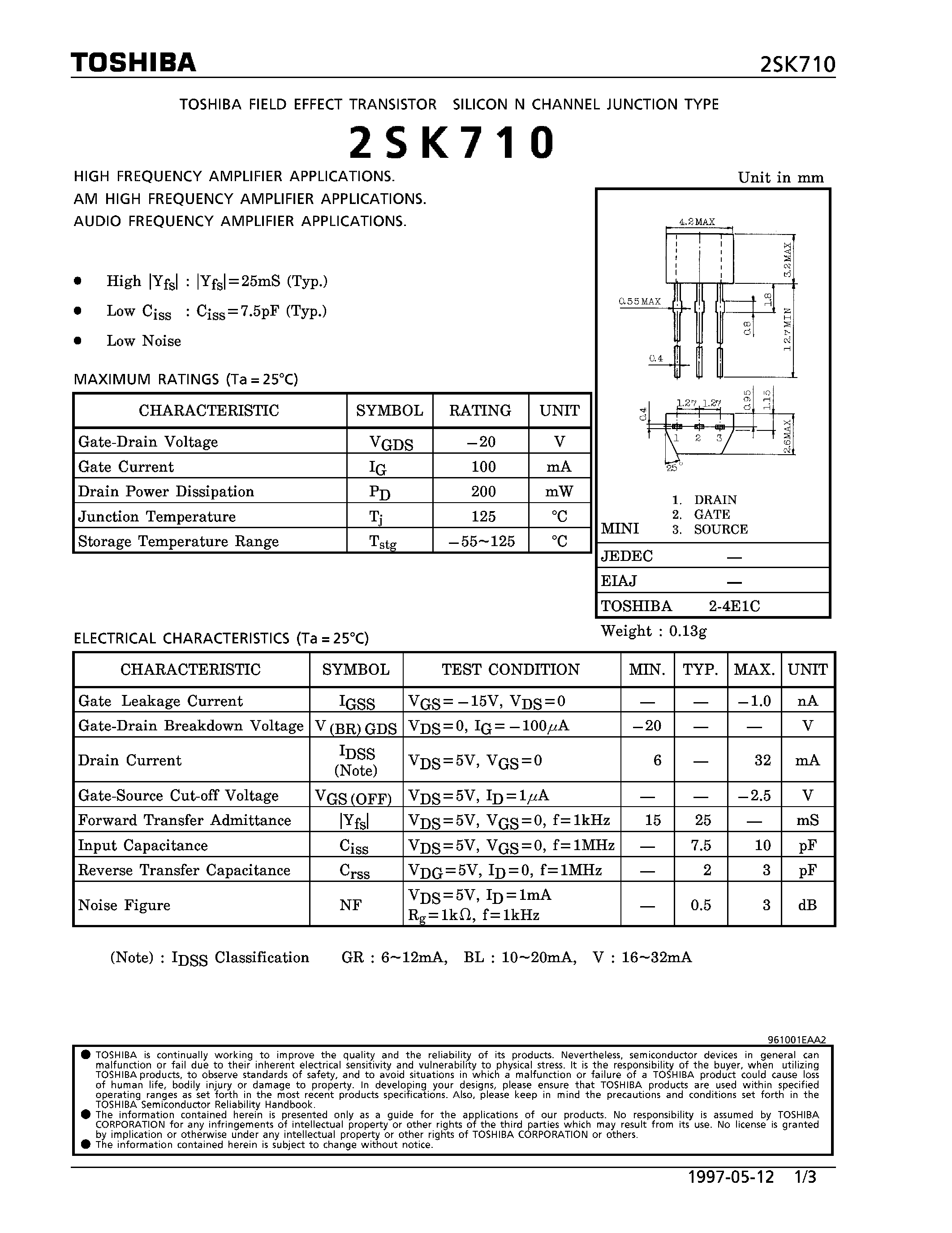 Datasheet SK710 - N CHANNEL JUNCTION TYPE (HIGH/ AM HIGH/ AUDIO FREQUENCY AMPLIFIER APPLICATIONS) page 1