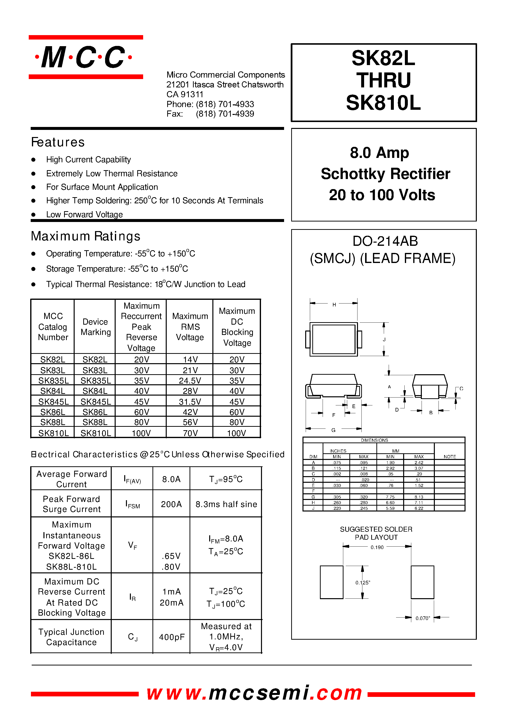 Datasheet SK82L - 8.0 Amp Schottky Rectifier 20 to 100 Volts page 1