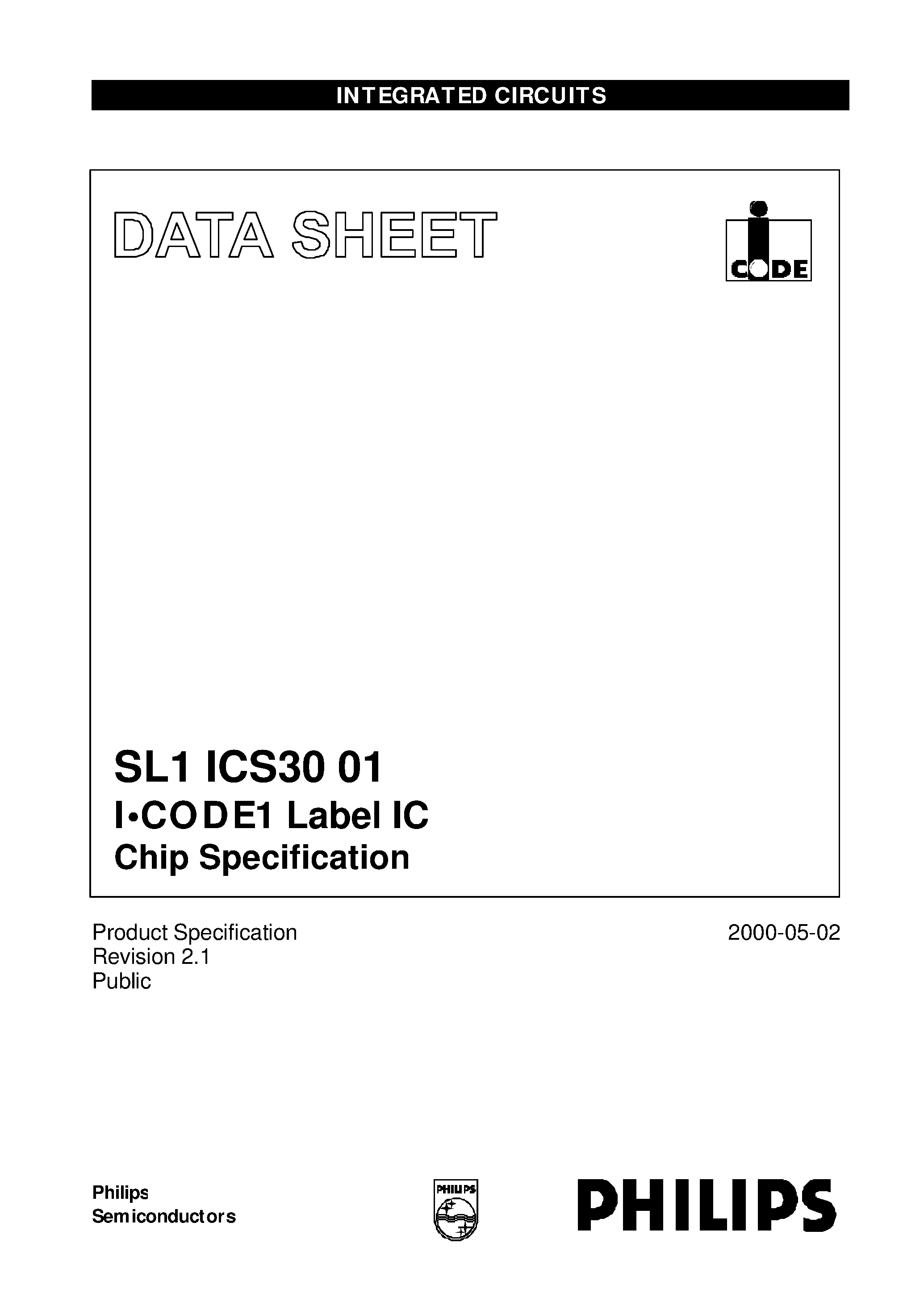 Даташит SL1ICS3001U - I.CODE1 Label IC Chip Specification страница 1