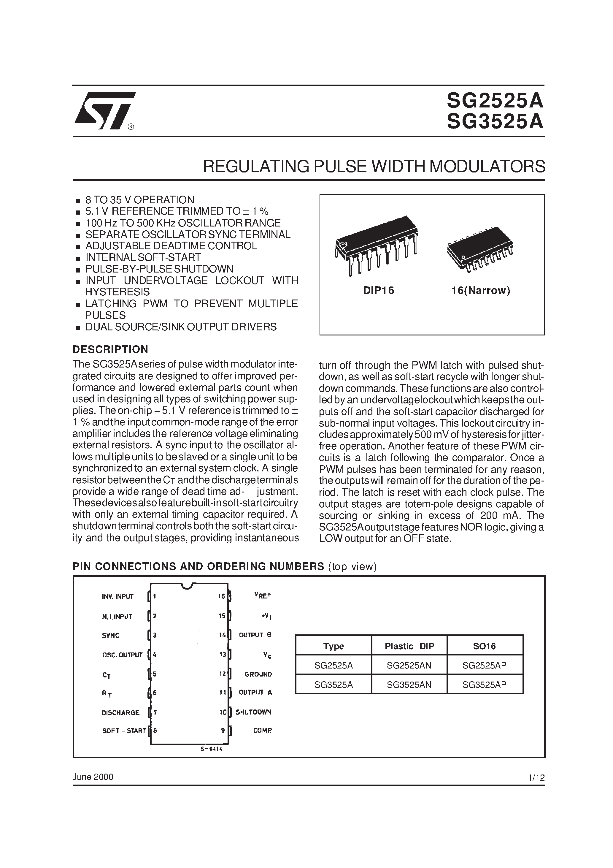 Datasheet SG3525AN - REGULATING PULSE WIDTH MODULATORS page 1